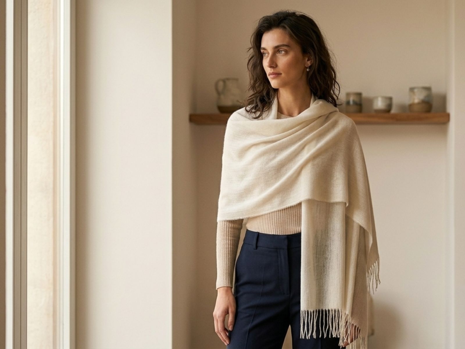 White baby alpaca and silk shawl draped softly over the shoulders — artisan-made in Peru by Orange Inca
