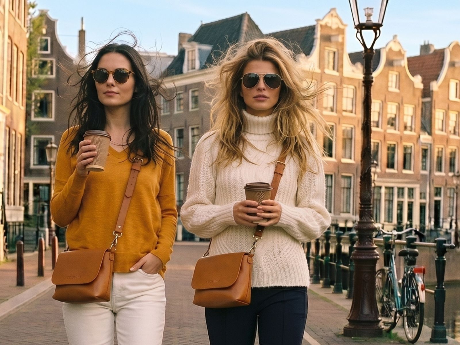 Orange Inca Olivia leather crossbody bag in Cognac, worn in the city — handmade in Lima, designed in Australia