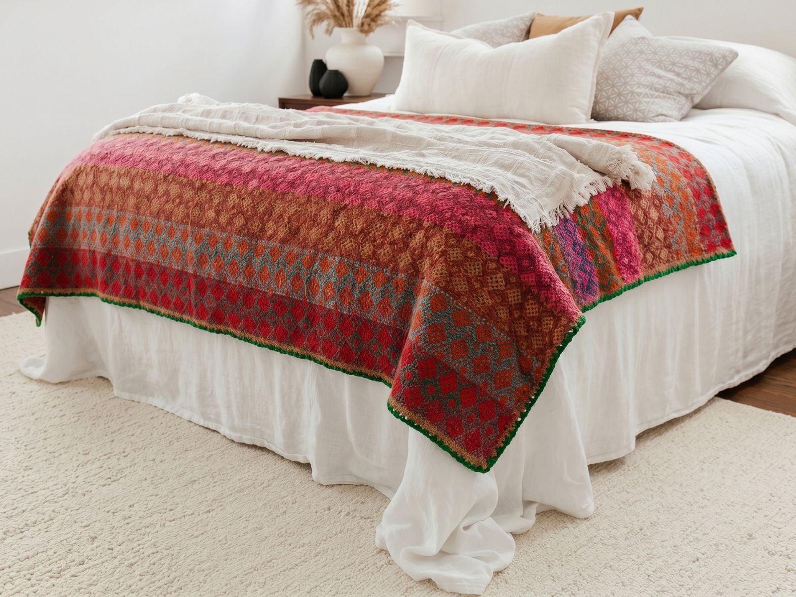 Peruvian frazada styled in a home — rug, wall hanging, and sofa throw | Orange Inca