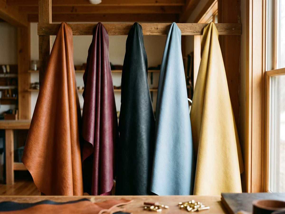 Soft tumbled leather in cognac, burgundy and natural — the leather behind the Olivia Crossbody, made in Lima | Orange Inca