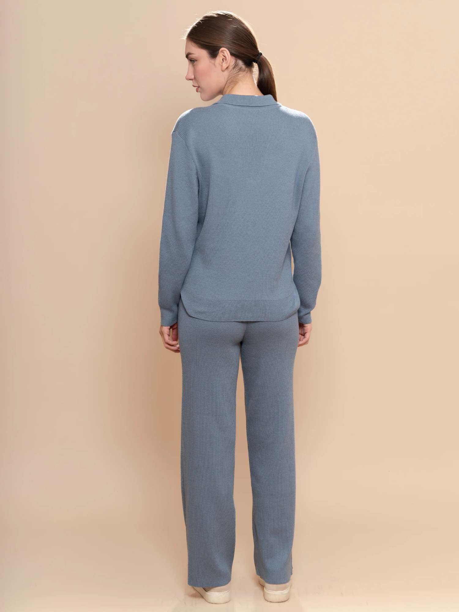 Alpaca & Pima Cotton Ribbed Loungewear Set – Steel Blue