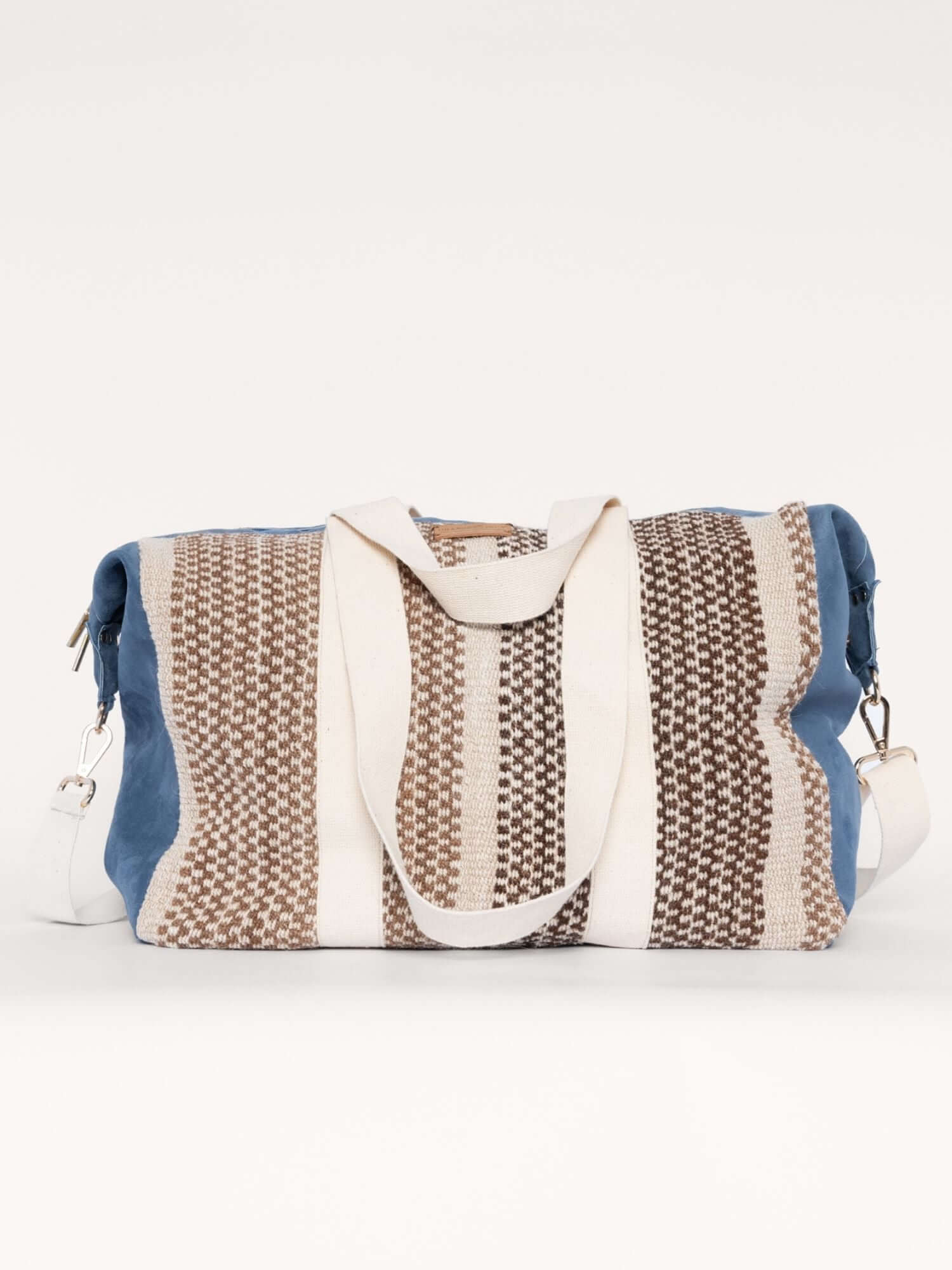 Ethically made overnight bag in blue tones – handwoven wool with vegetable-tanned suede and cotton straps