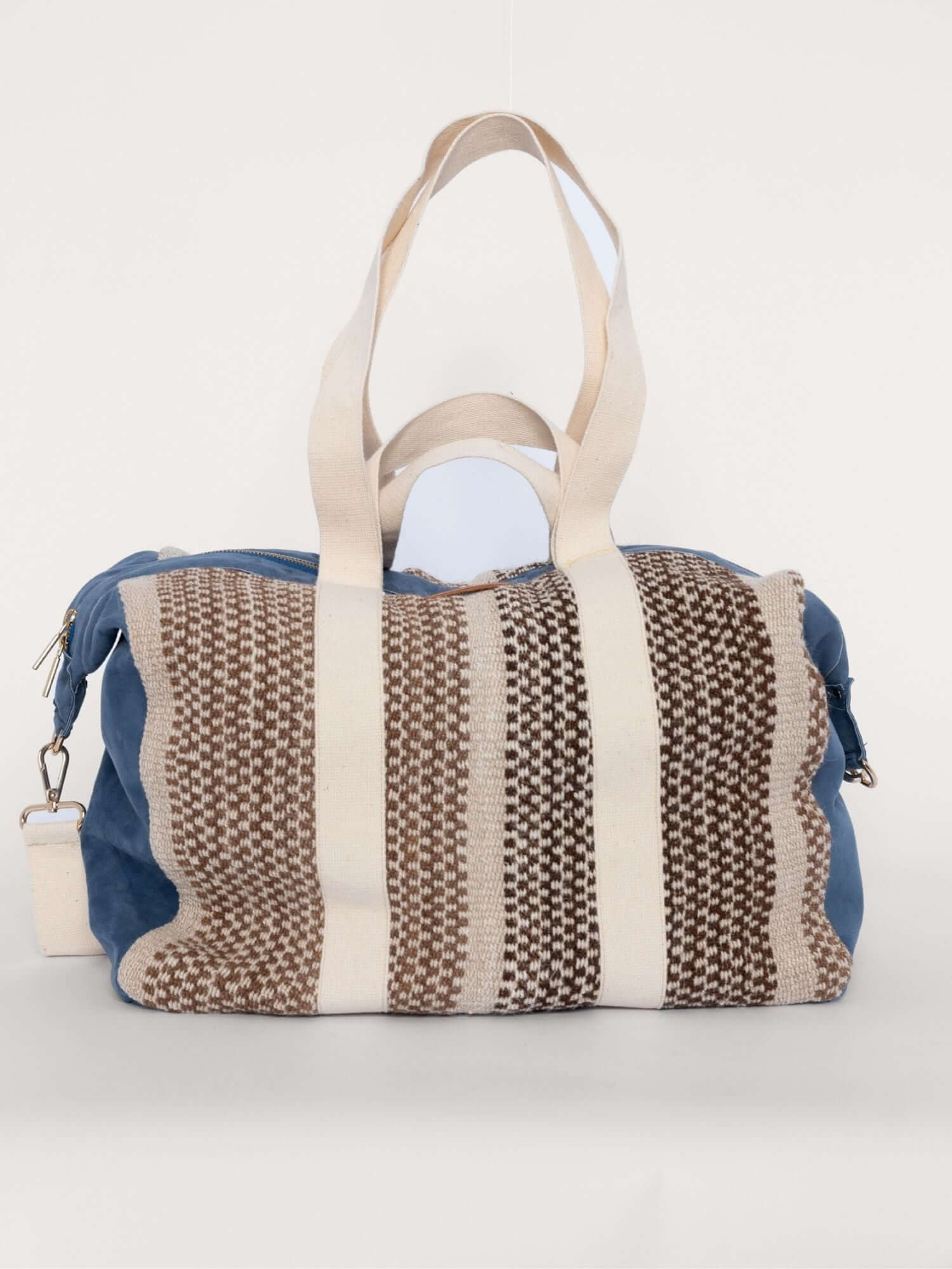 Large boho travel bag with soft blue wool and suede base – artisan-crafted and lined for durability