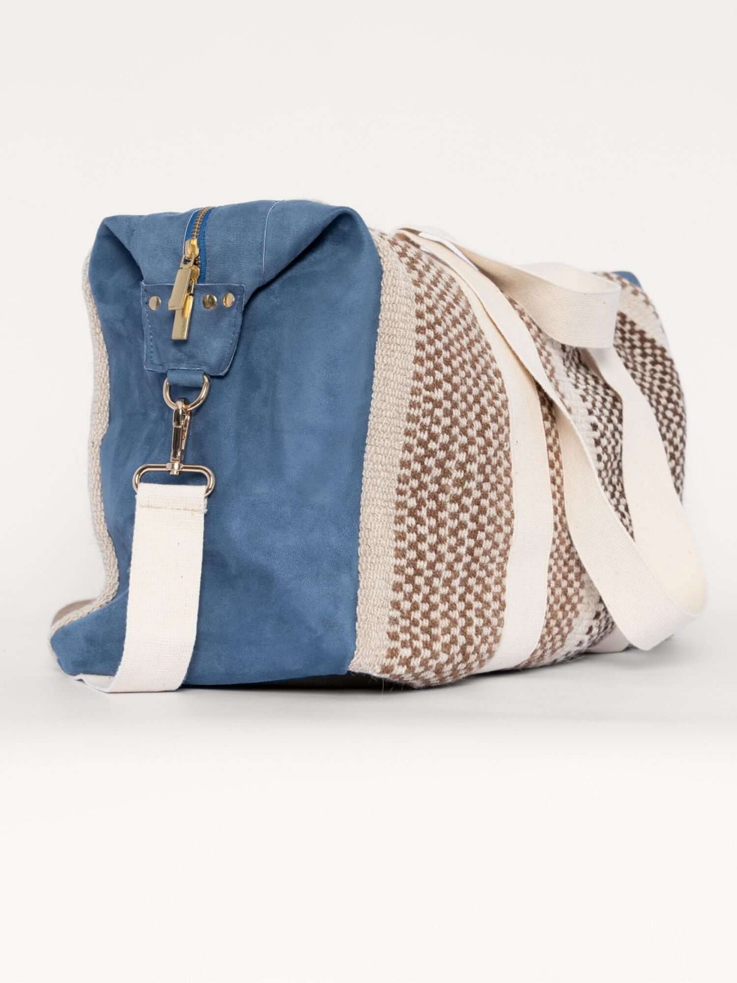 Blue wool and suede duffle bag with adjustable shoulder strap – ideal for carry-on or everyday luxury