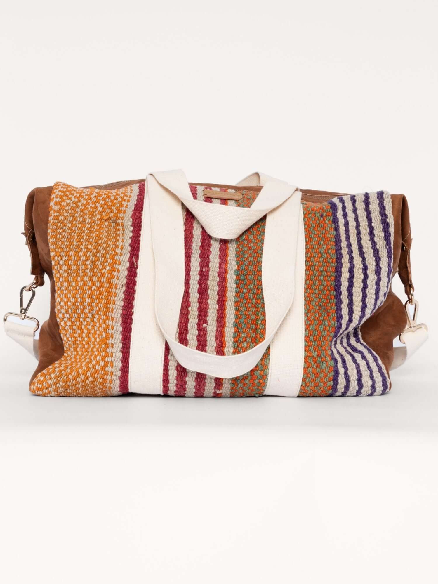 Boho overnight bag with multicolour Andean textile front – artisan-crafted from wool, suede and cotton canvas