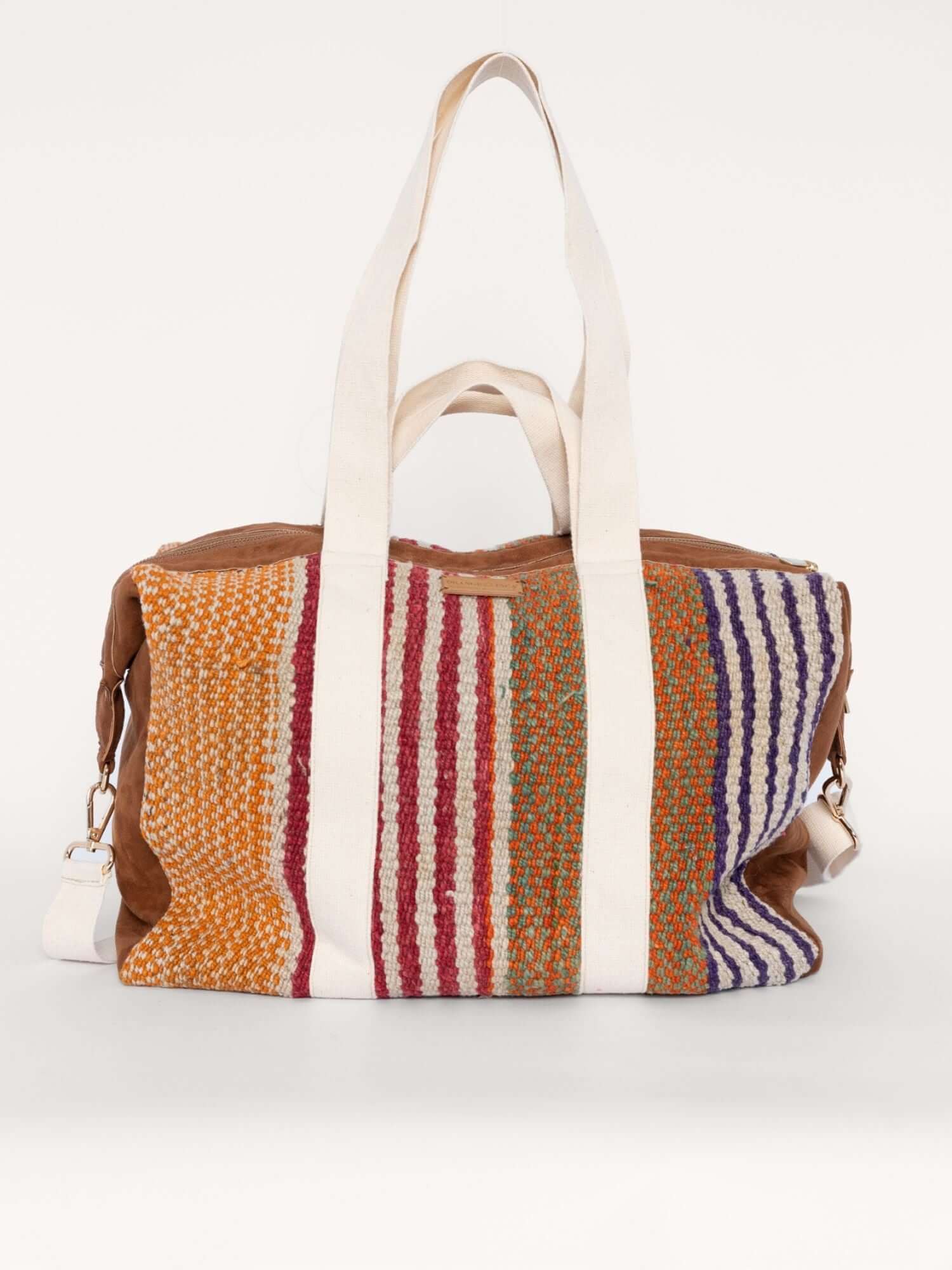 Camel suede and wool travel bag with top handles and shoulder strap – soft, durable, and ethically made