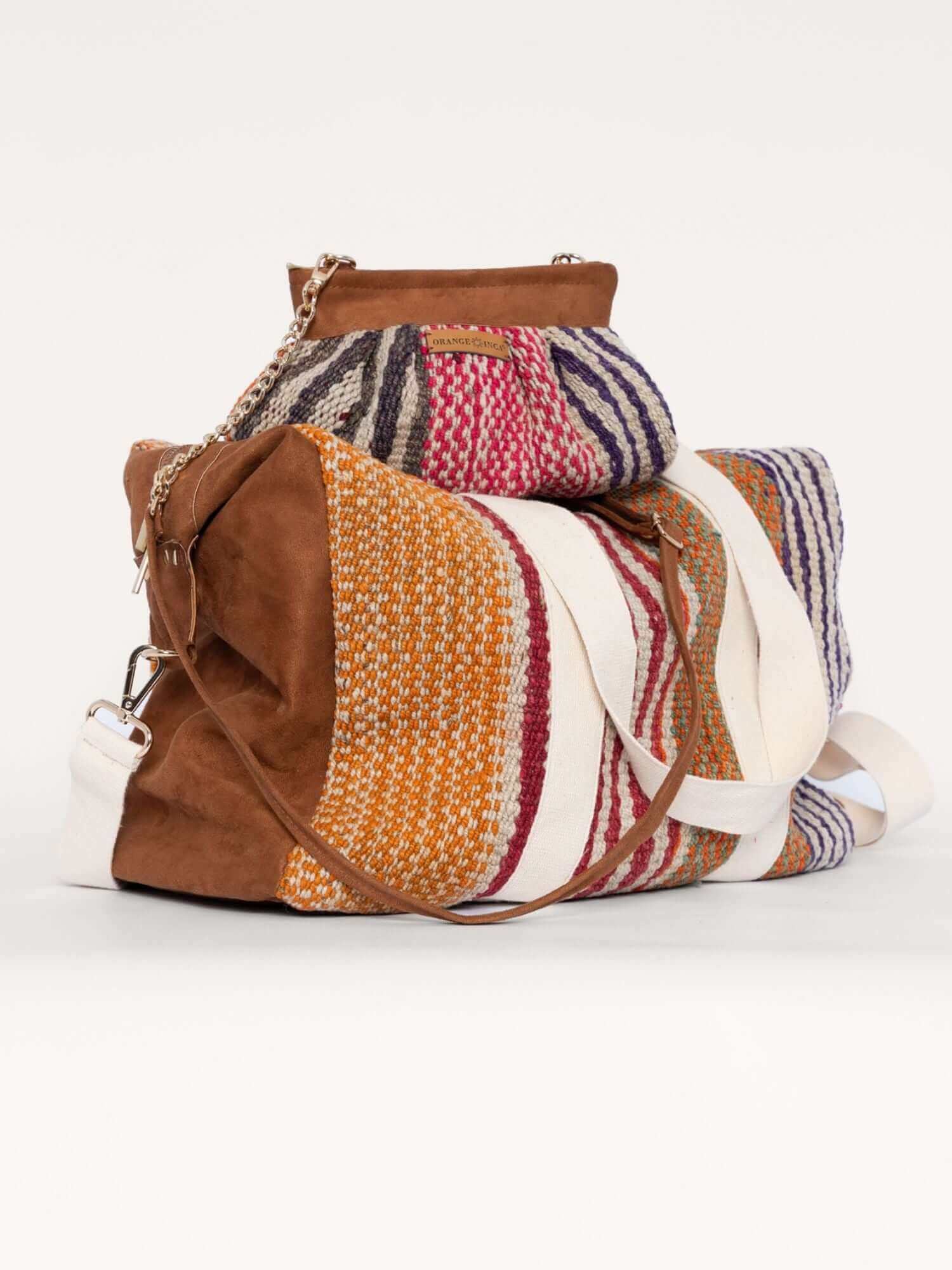 Matching wool and suede Sol Pouch and Andes Weekender set – coordinated travel bags handcrafted in Peru