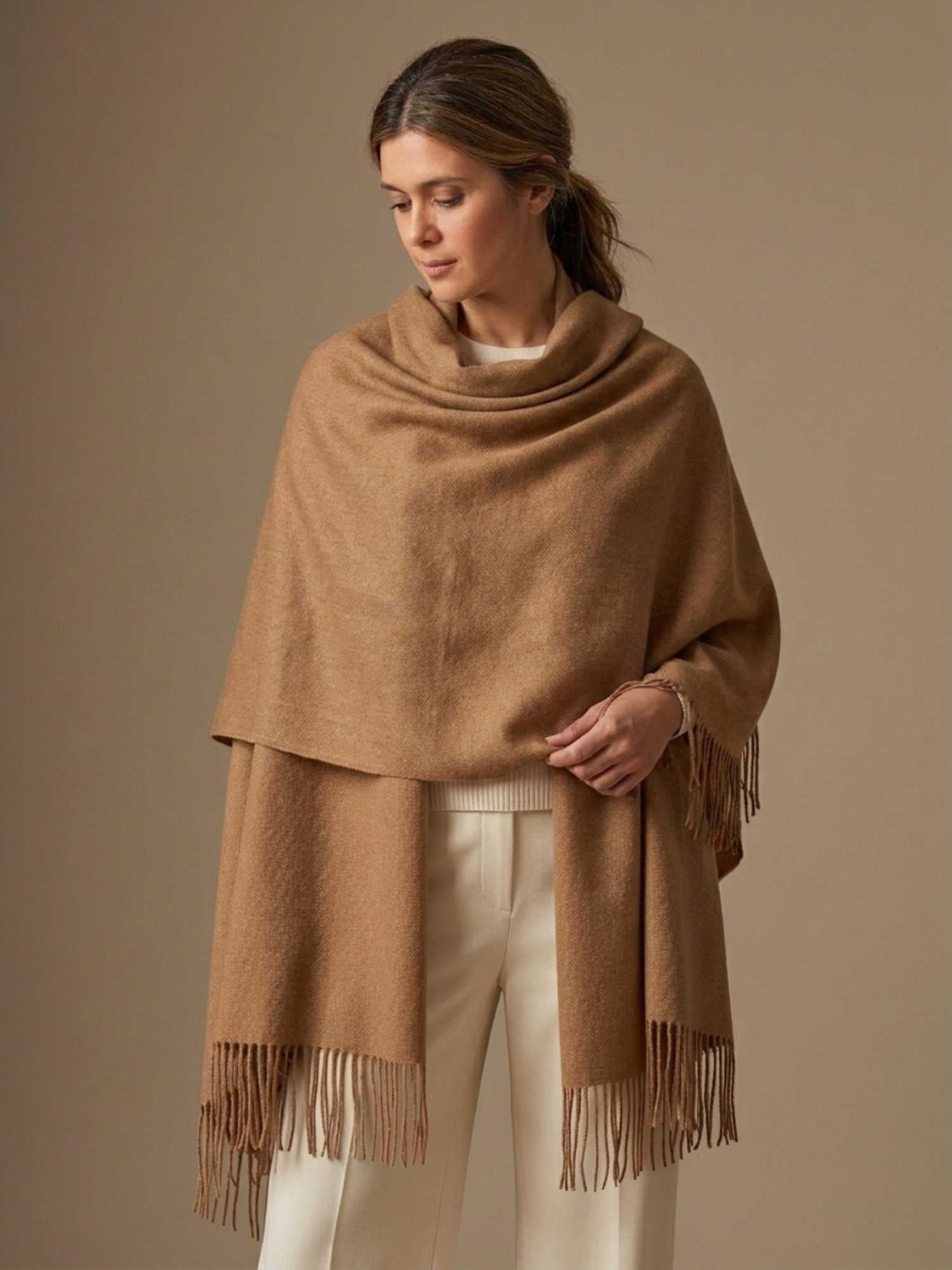 Camel baby alpaca shawl worn as wrap – softer than cashmere, undyed and handmade in Peru | Orange Inca