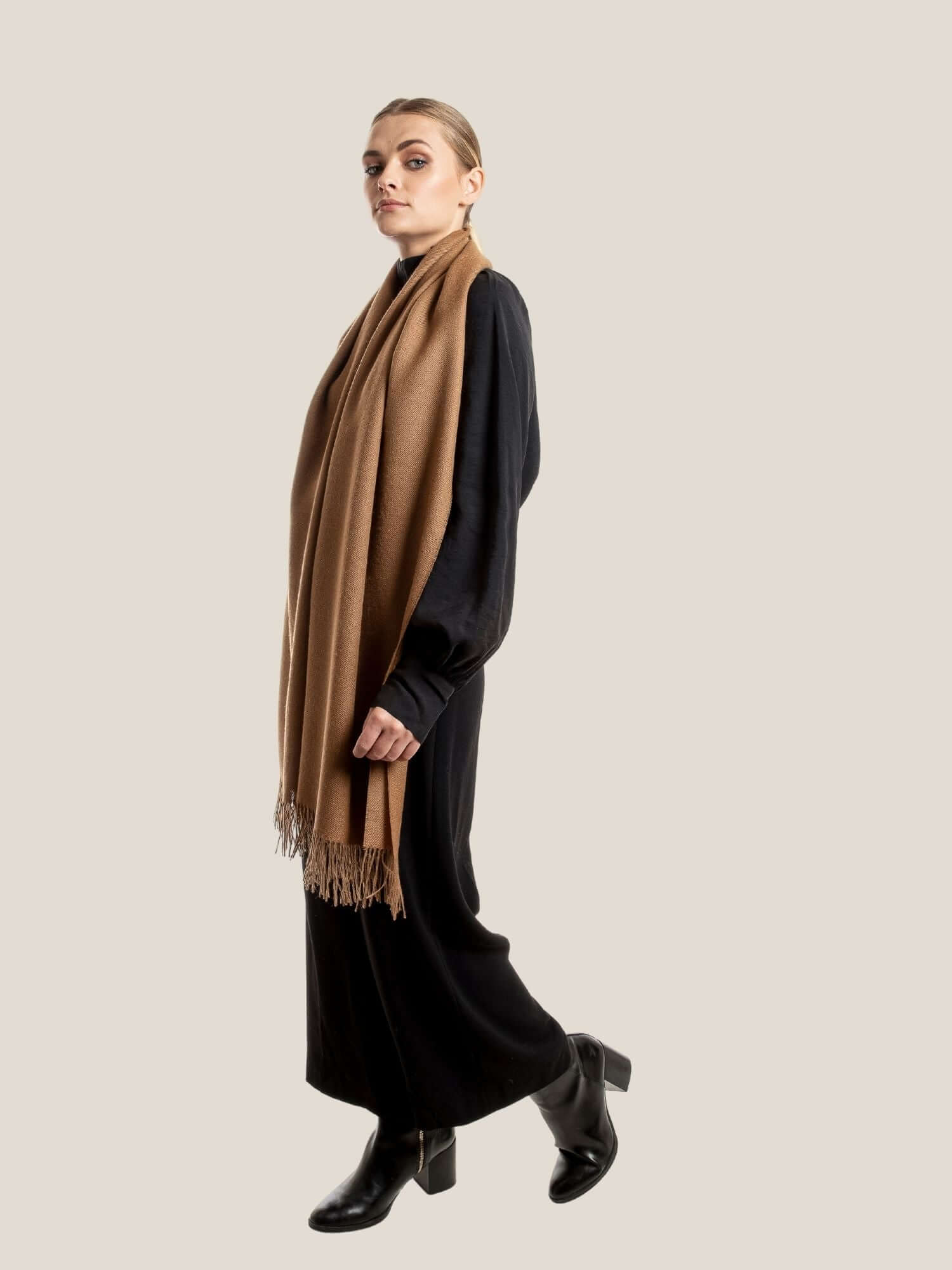 Camel Brown alpaca wool shawl draped to show full length and drape