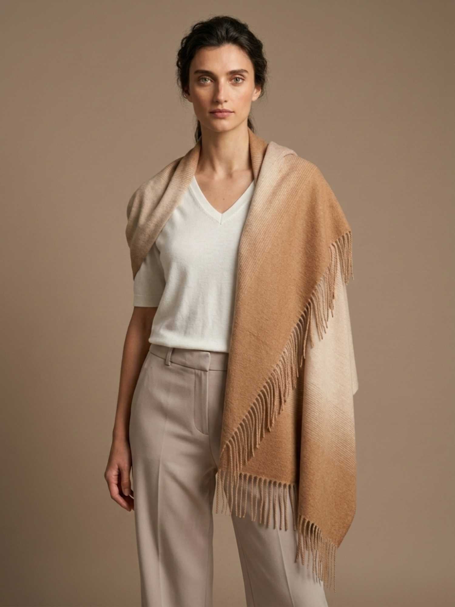 Beige and camel ombre baby alpaca shawl worn open – full-length undyed gradient | Orange Inca