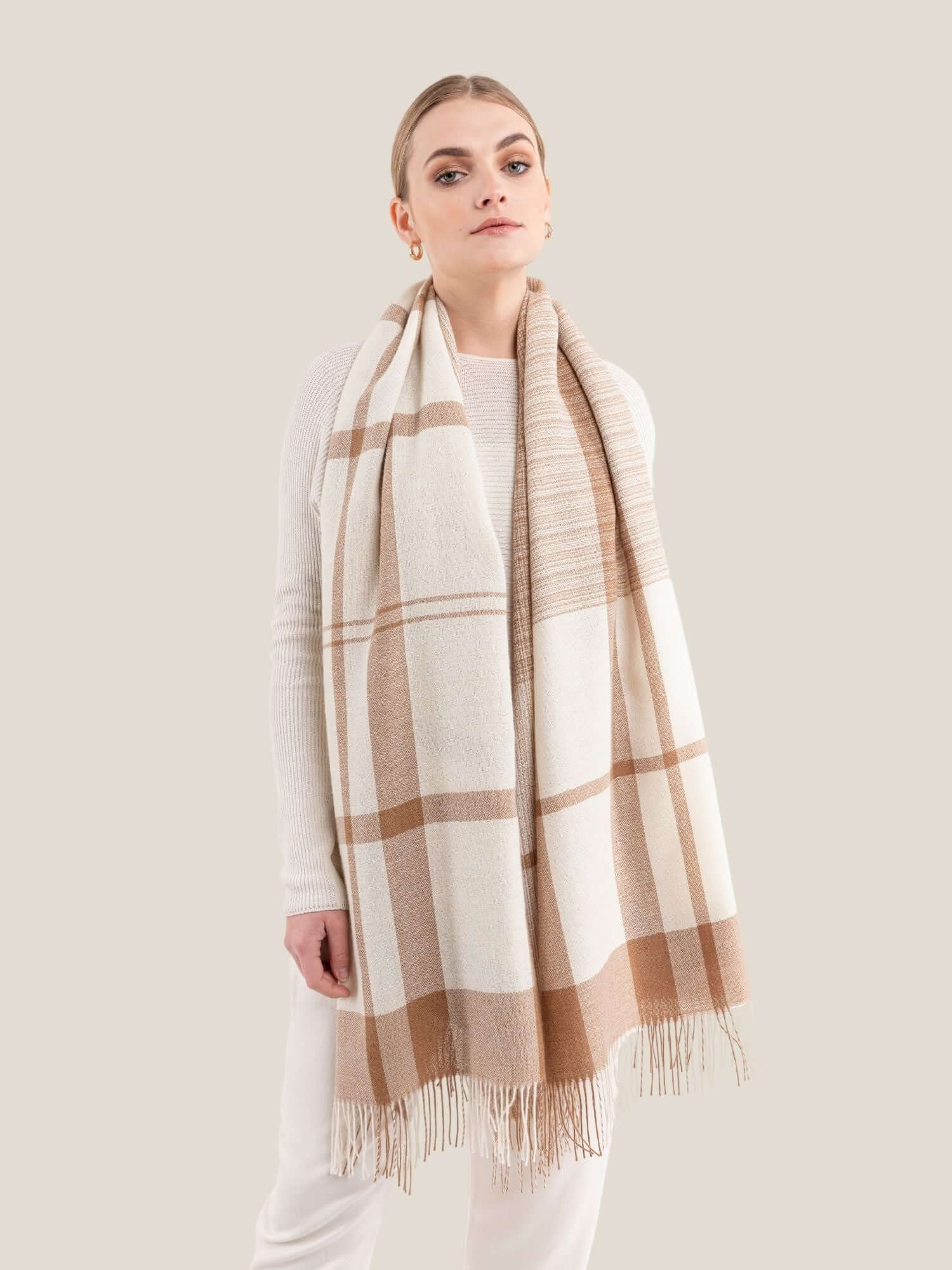 Premium baby alpaca wool shawl plaid style in white and camel brown - luxury sustainable wrap