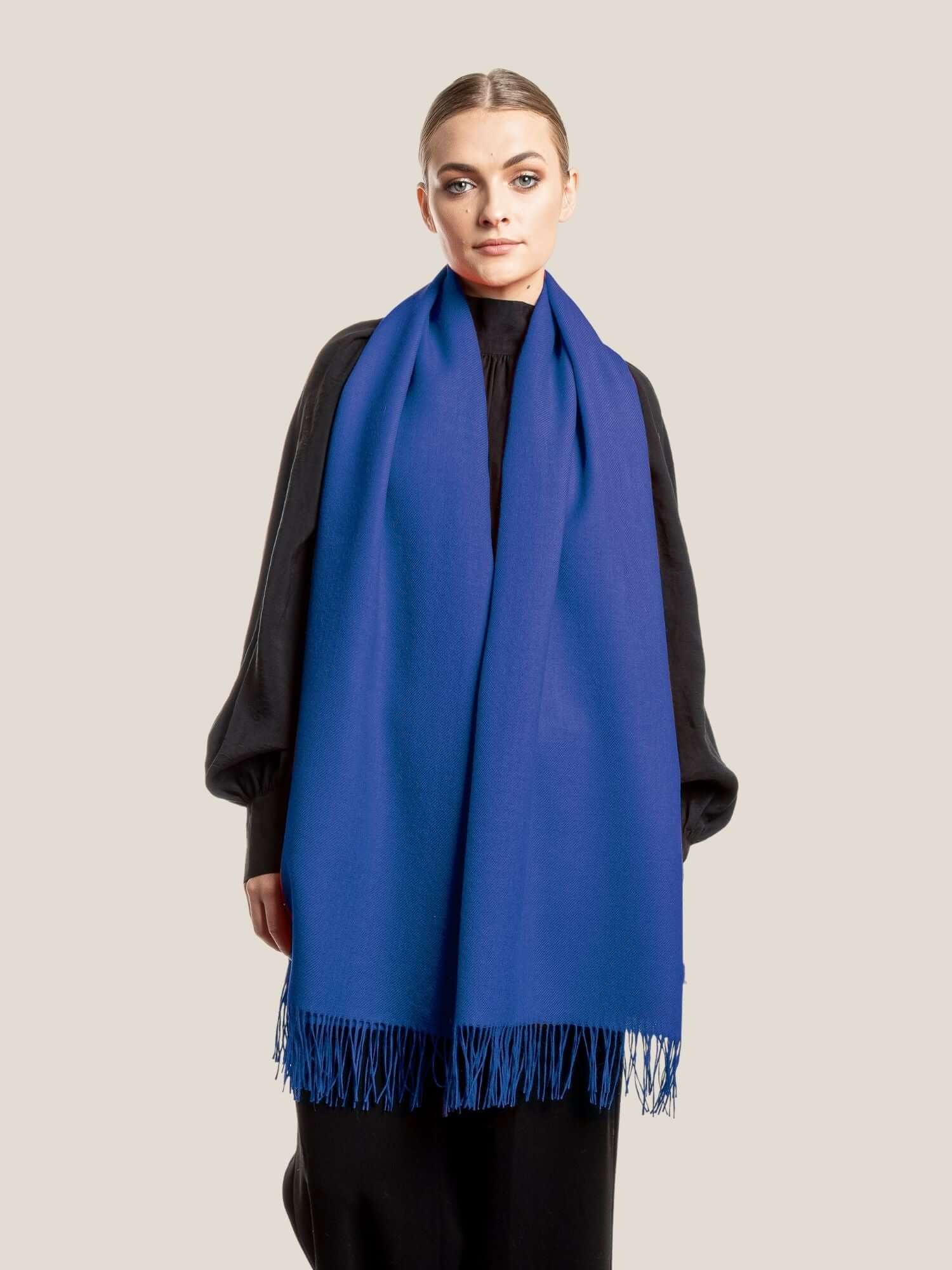 Premium baby alpaca wool shawl solid in electric blue - luxury sustainable wrap