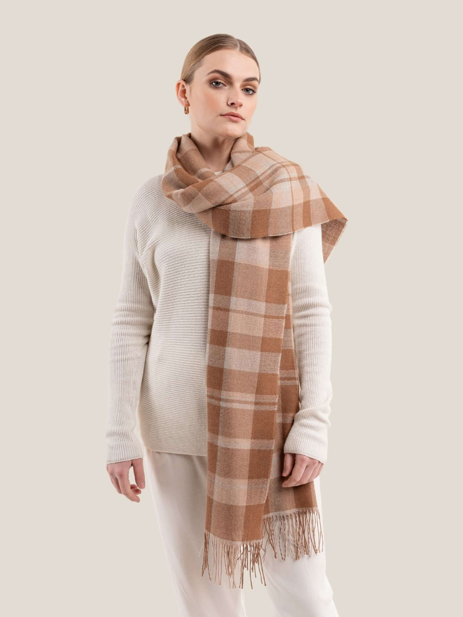 Premium baby alpaca wool shawl plaid style in camel brown and beige - luxury sustainable wrap