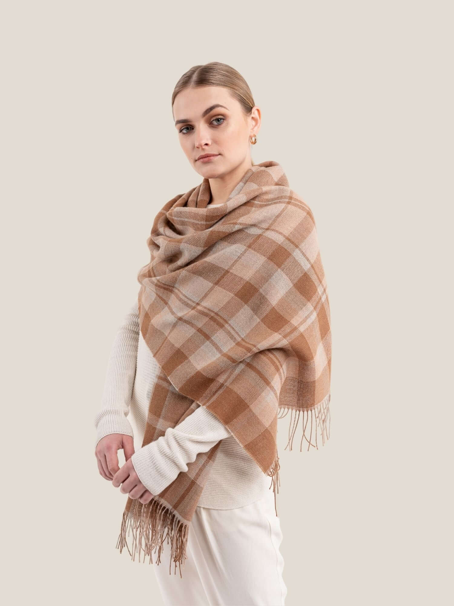 Camel Brown and Beige Premium wool shawl worn as everyday accessory showing versatile styling
