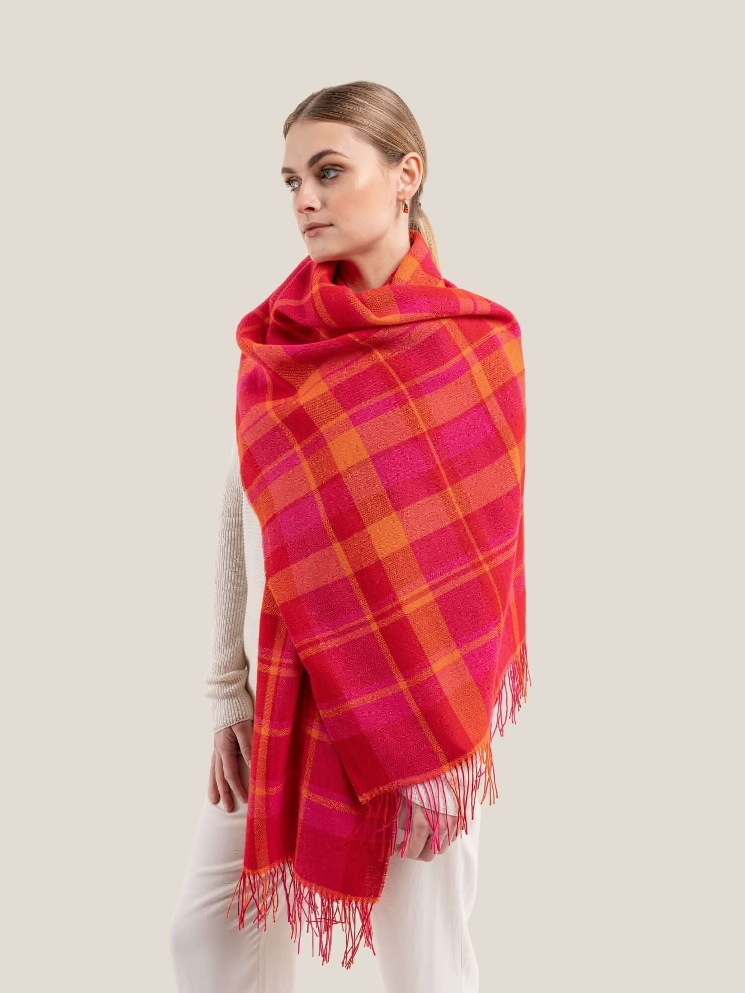 Premium baby alpaca wool shawl plaid style in fuchsia, red and yellow - luxury sustainable wrap
