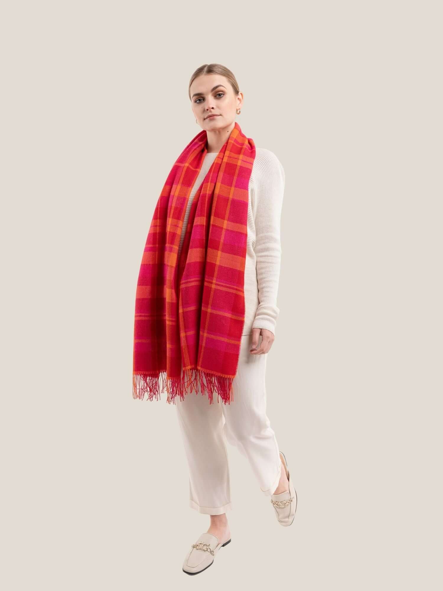 Fuchsia, Red and Yellow Premium wool shawl worn as everyday accessory showing versatile styling