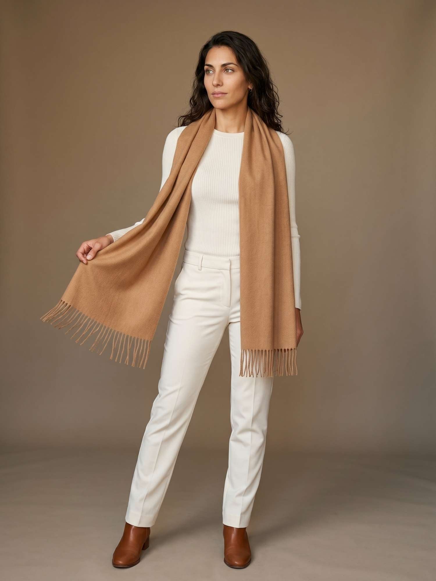 Camel baby alpaca scarf worn over the shoulders — undyed natural fibre tone, handmade in Peru | Orange Inca