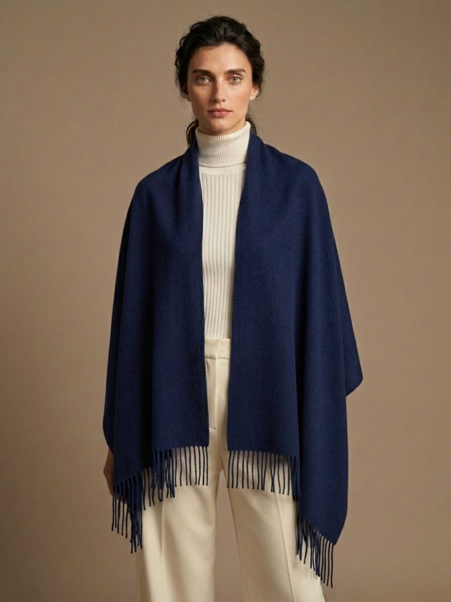Navy blue baby alpaca shawl worn as wrap – softer than cashmere, handmade in Peru | Orange Inca
