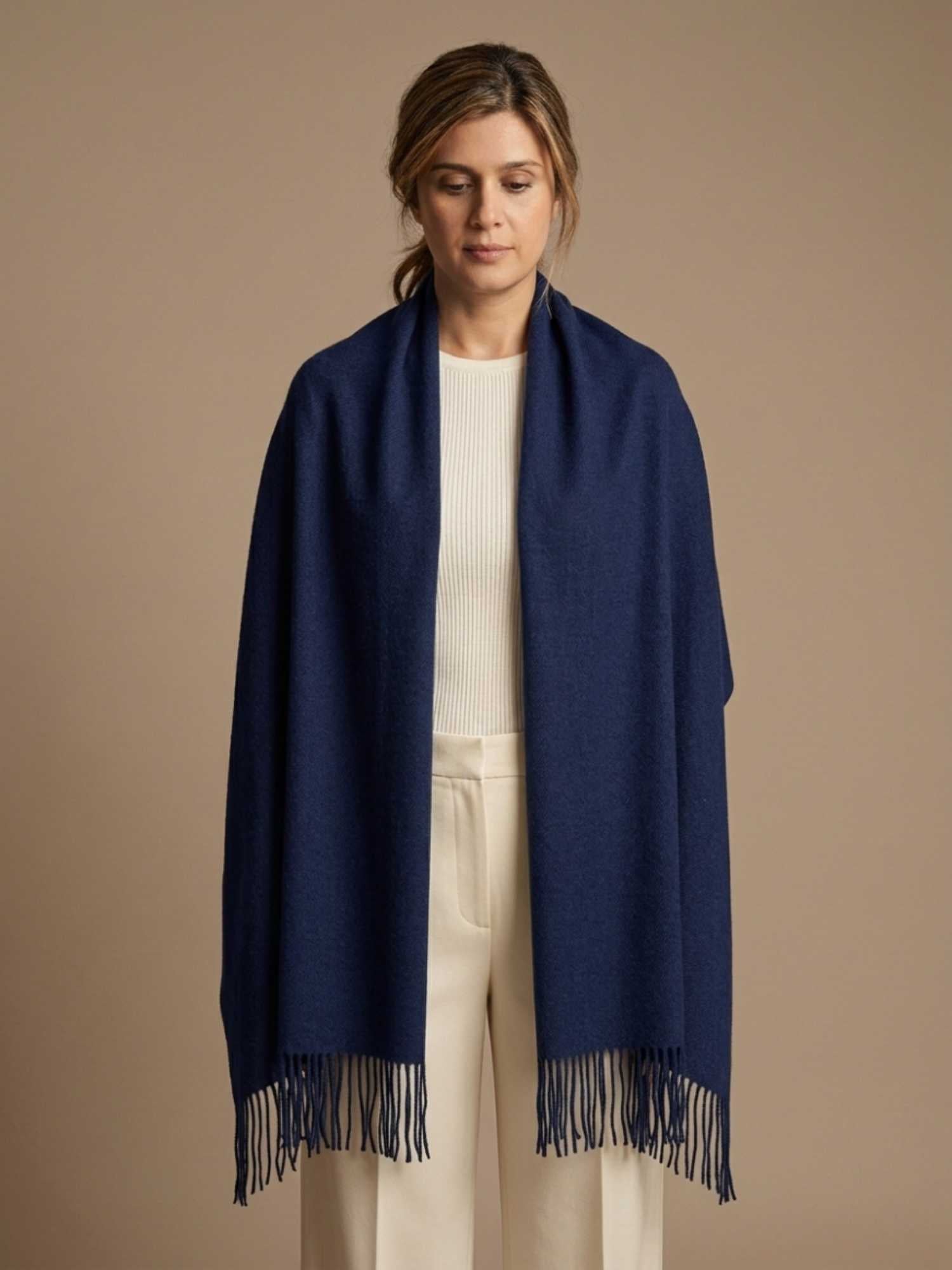 Navy blue baby alpaca shawl worn open over shoulders – versatile year-round styling | Orange Inca