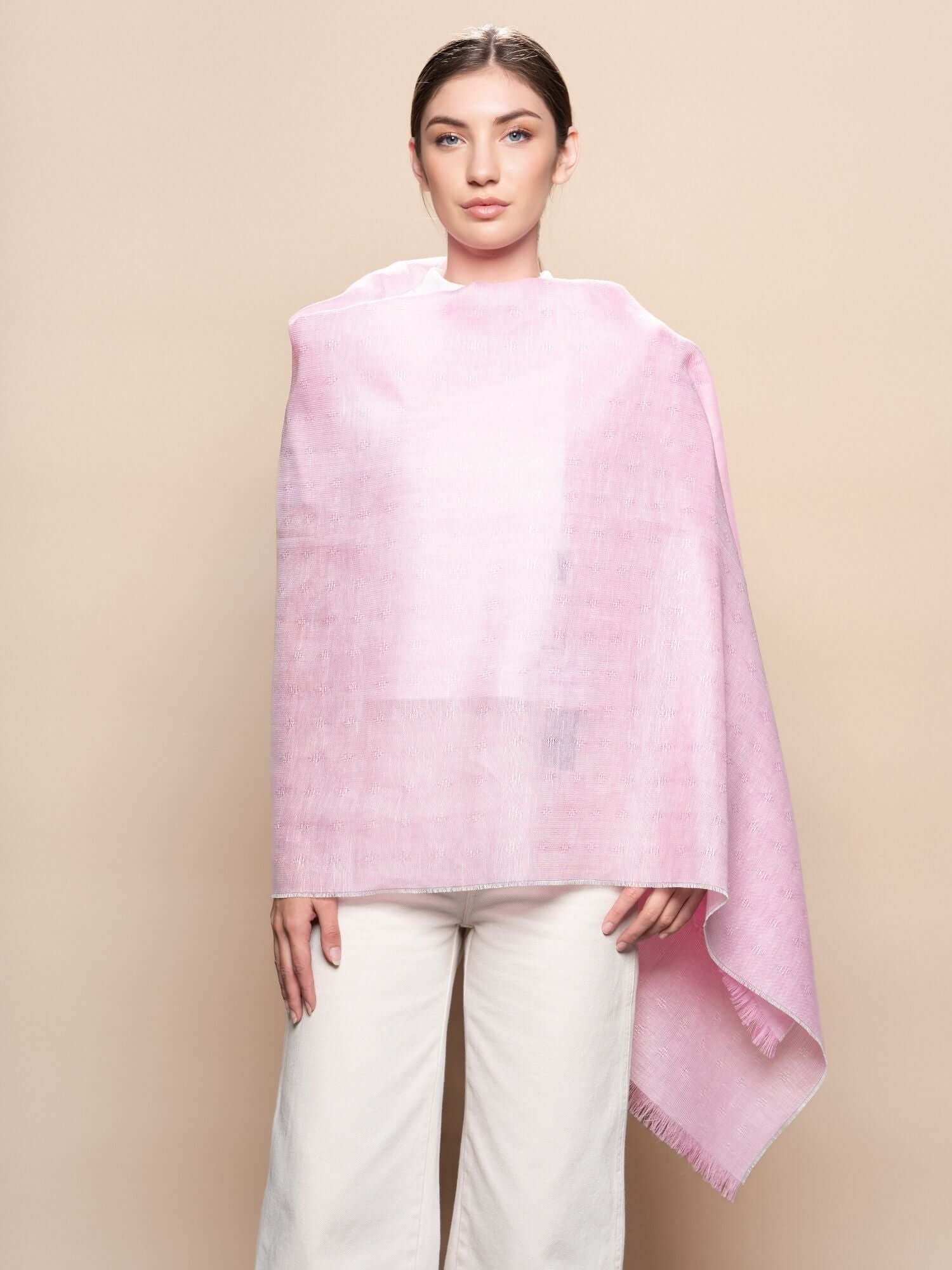 Pink baby alpaca brocade shawl worn as wrap – elegant alpaca and linen blend | Orange Inca