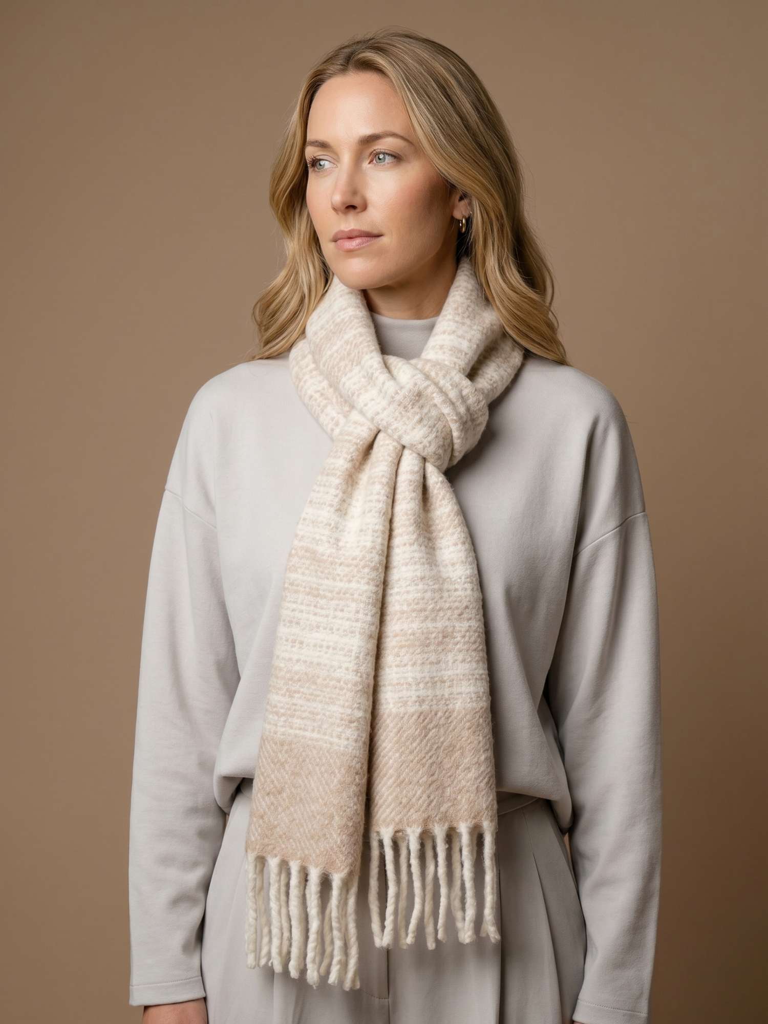 Beige and ivory striped bouclé scarf worn knotted — chunky undyed baby alpaca and merino blend, handmade in Peru | Orange Inca