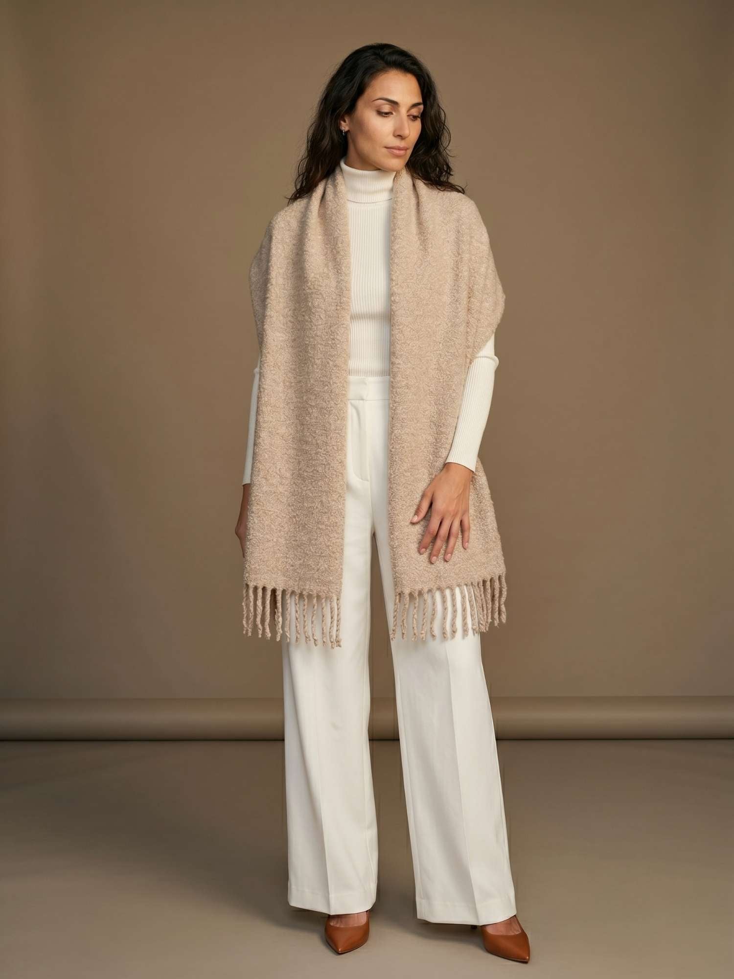 Oatmeal baby alpaca and silk bouclé scarf worn — undyed, irregular bouclé loops give texture and depth | Orange Inca