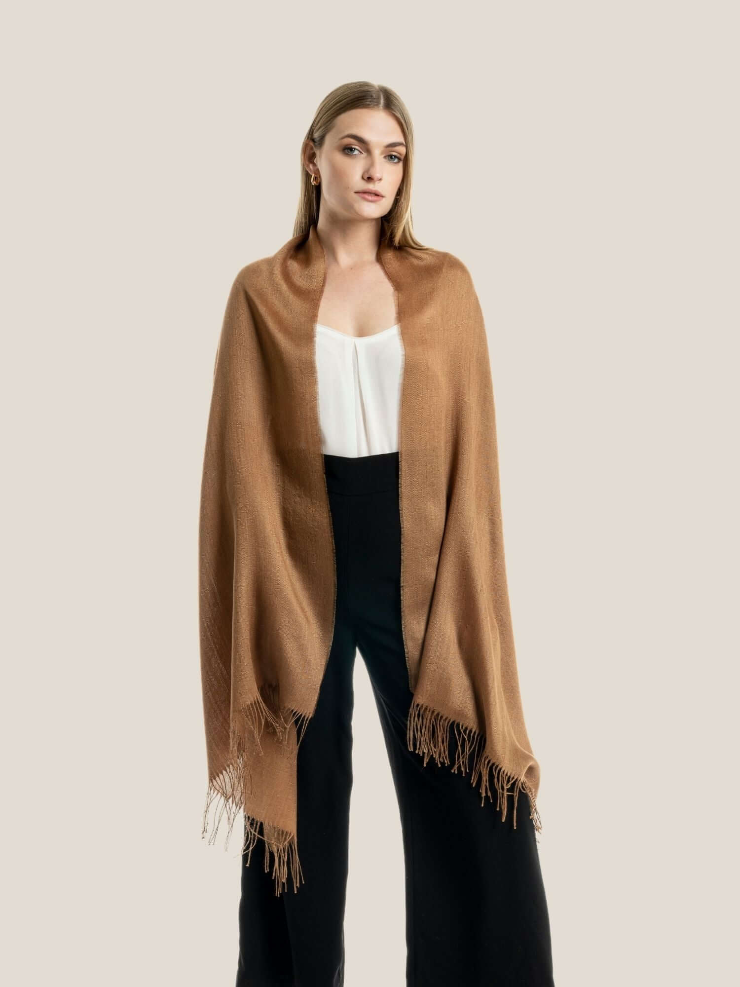 Camel Brown alpaca wool shawl draped to show full length and drape