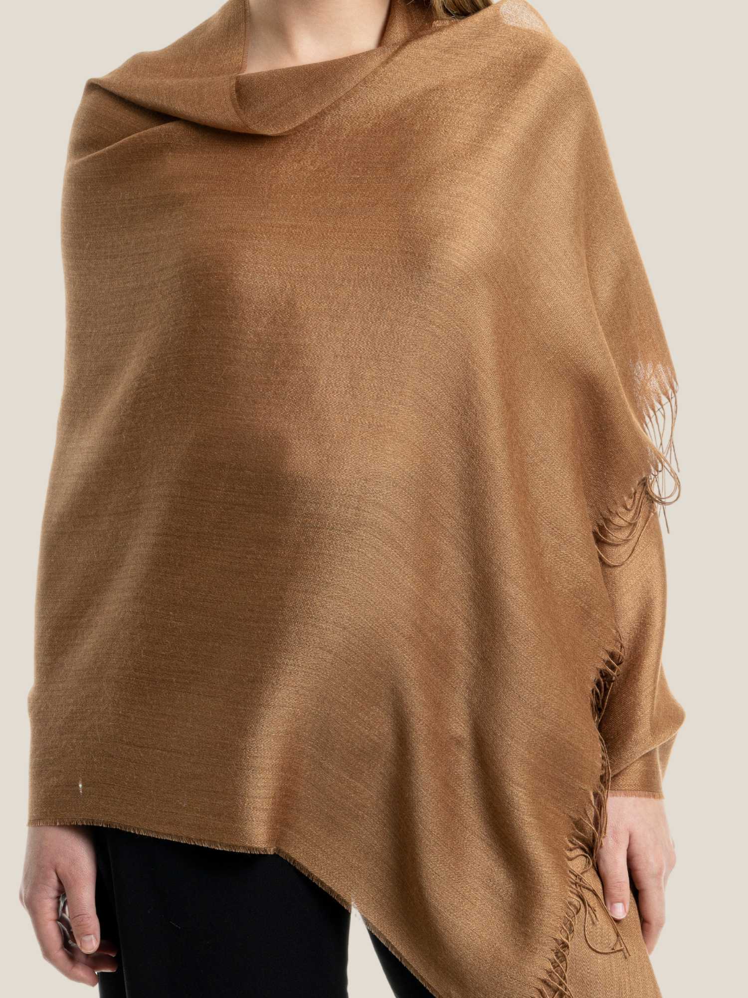 Camel baby alpaca and silk shawl worn – sateen drape close-up | Orange Inca