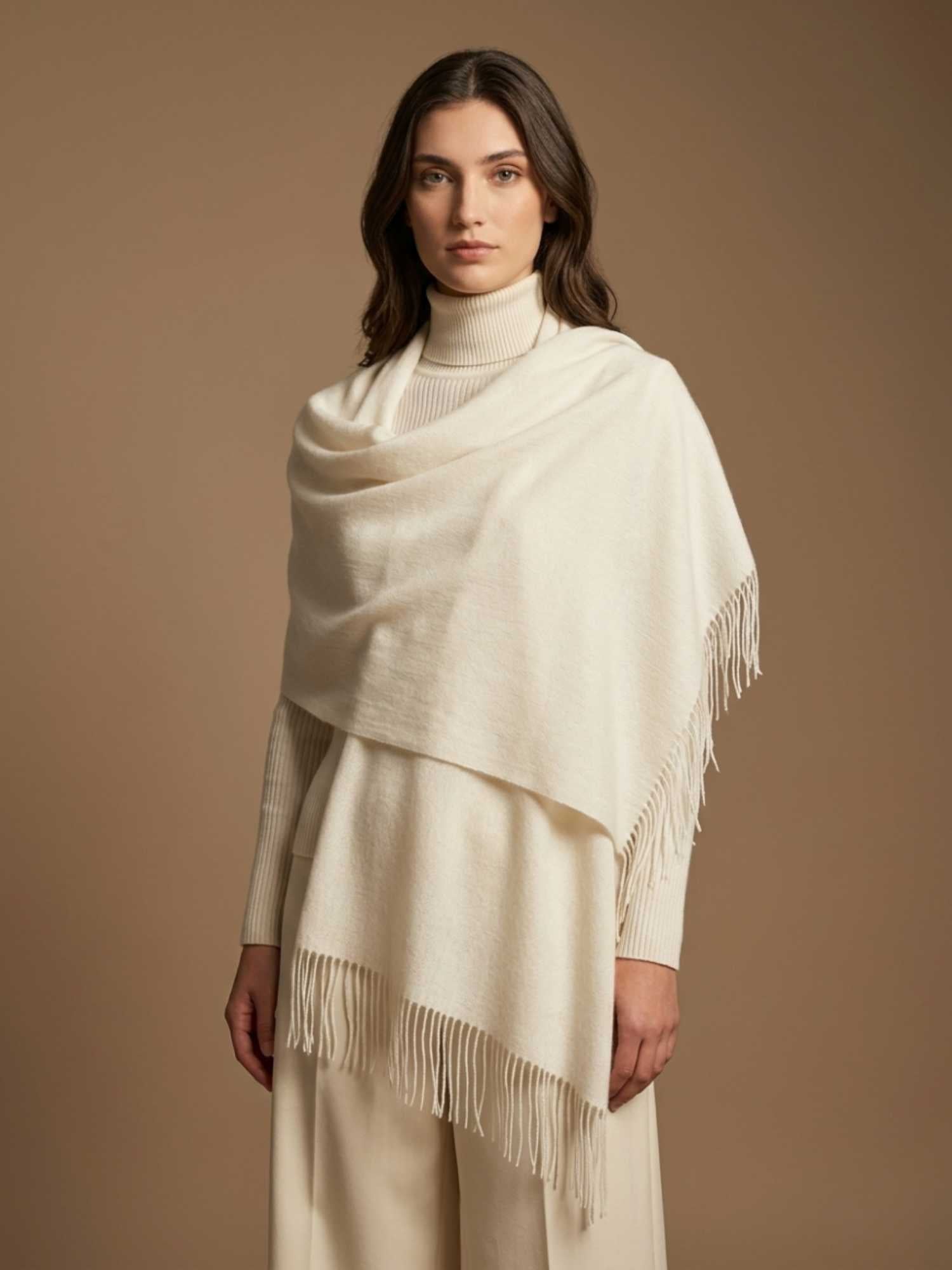 Ivory baby alpaca and silk shawl worn as wrap – sateen finish, handmade in Peru | Orange Inca