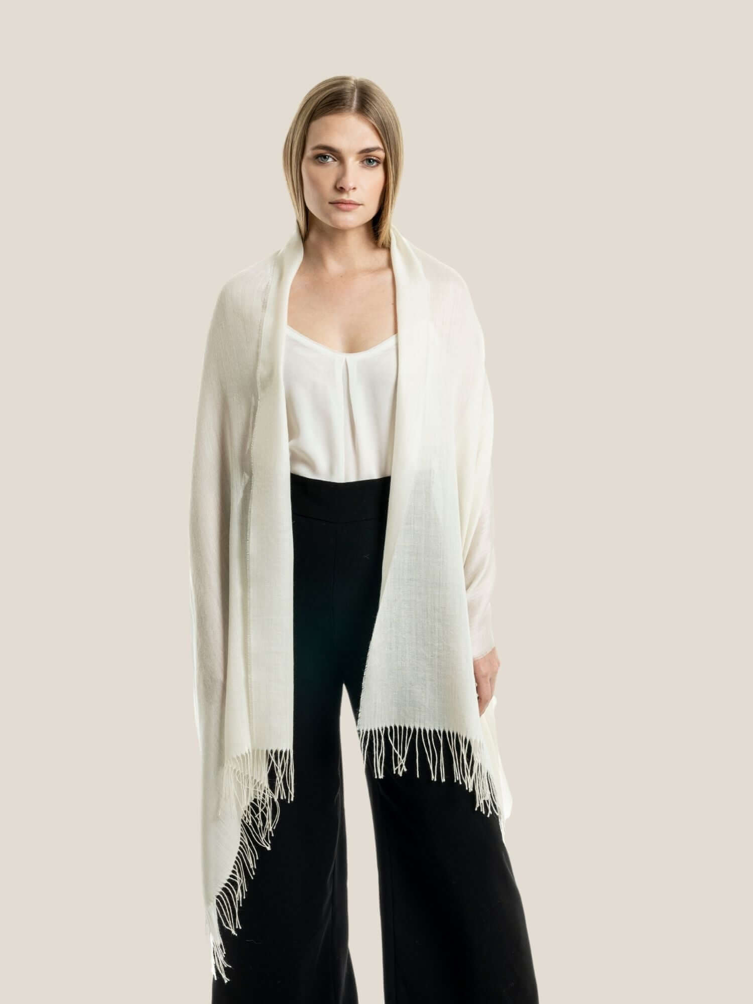 White Luxury alpaca and silk blend shawl styled as elegant evening wrap for formal occasions