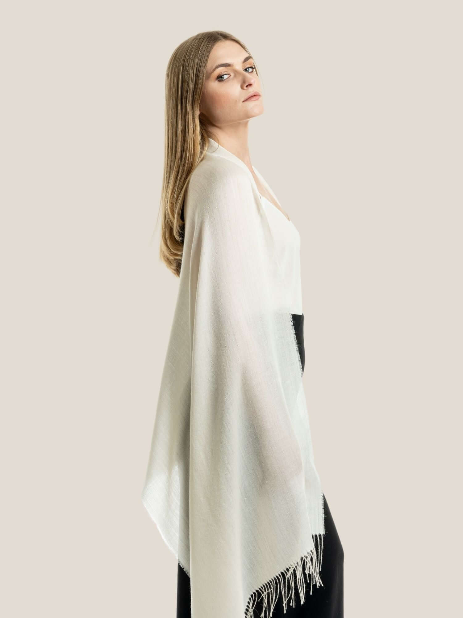 Premium baby alpaca wool and silk shawl in white - luxury sustainable wrap
