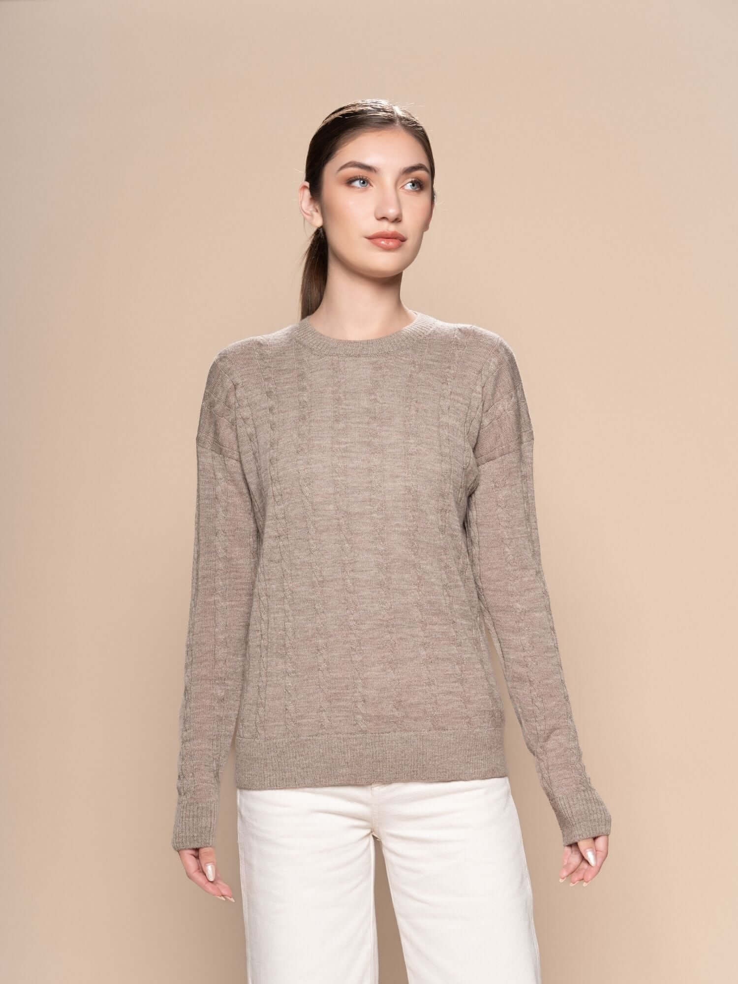 Cinnamon braided baby alpaca jumper styled – textured alpaca knitwear, handmade in Peru | Orange Inca