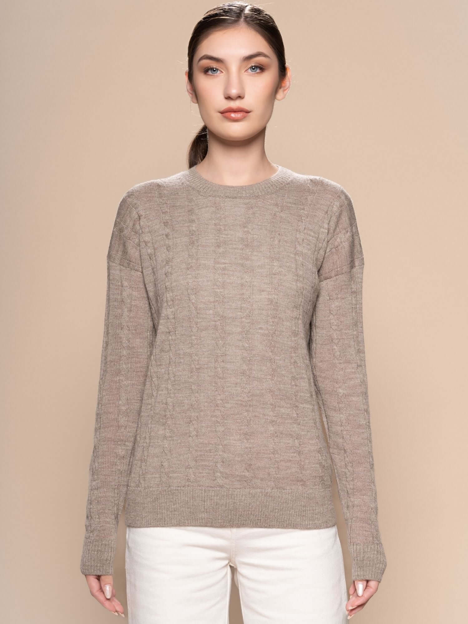 Cinnamon braided baby alpaca jumper – cable knit weave, handmade in Peru | Orange Inca