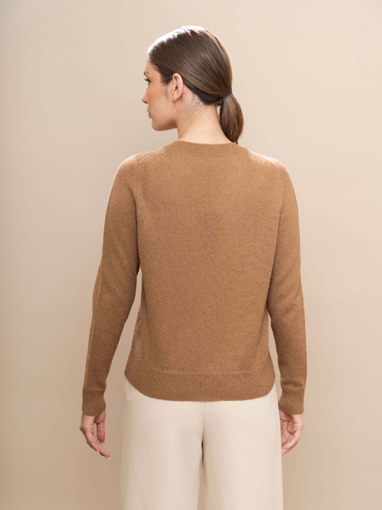 Back view of cinnamon classic baby alpaca jumper – soft natural fibre knitwear | Orange Inca