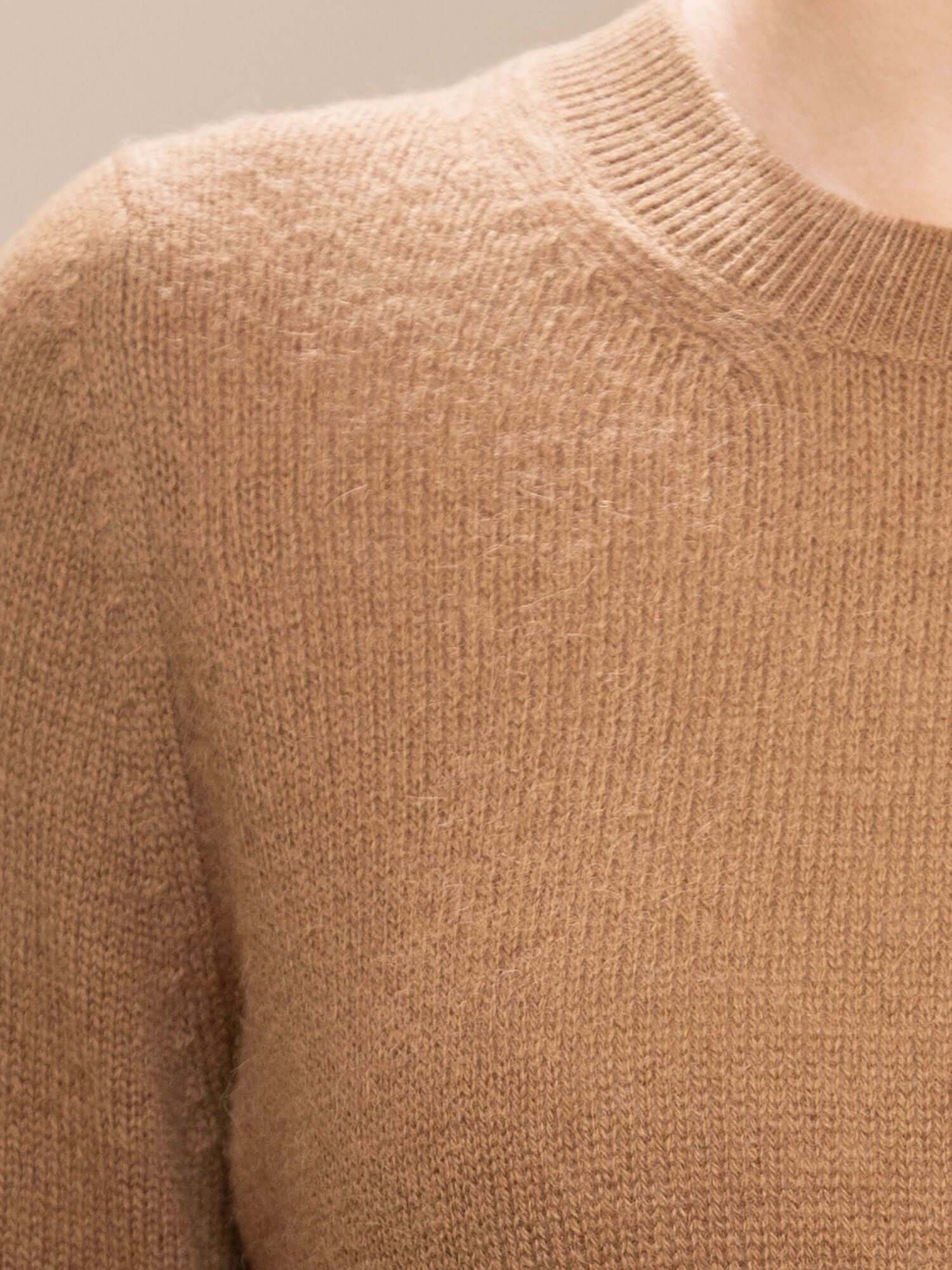 Close-up of neckline and texture on cinnamon baby alpaca jumper | Orange Inca