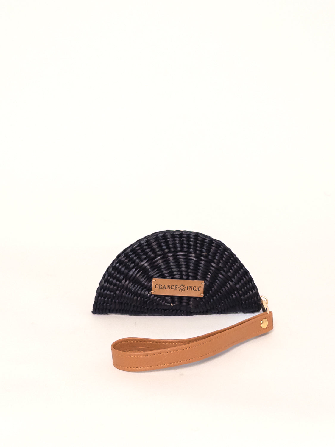 Playa Coin Purse – Faux Leather Strap, handwoven coin purse in black, junco reed, with detachable tan faux leather strap.