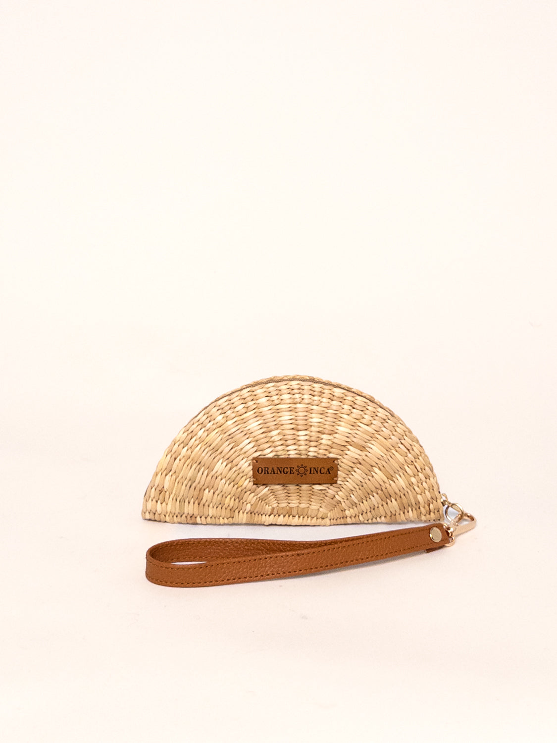 Playa Coin Purse – Faux Leather Strap, handwoven coin purse, junco reed, tan detachable strap.