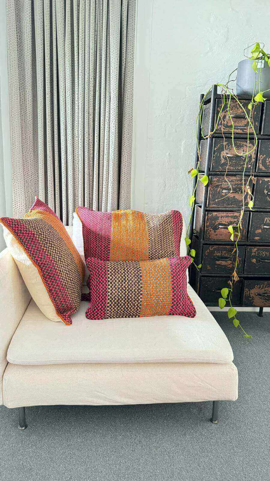 Peruvian Frazada Cushions changing the mood of this beautiful neutral corner.