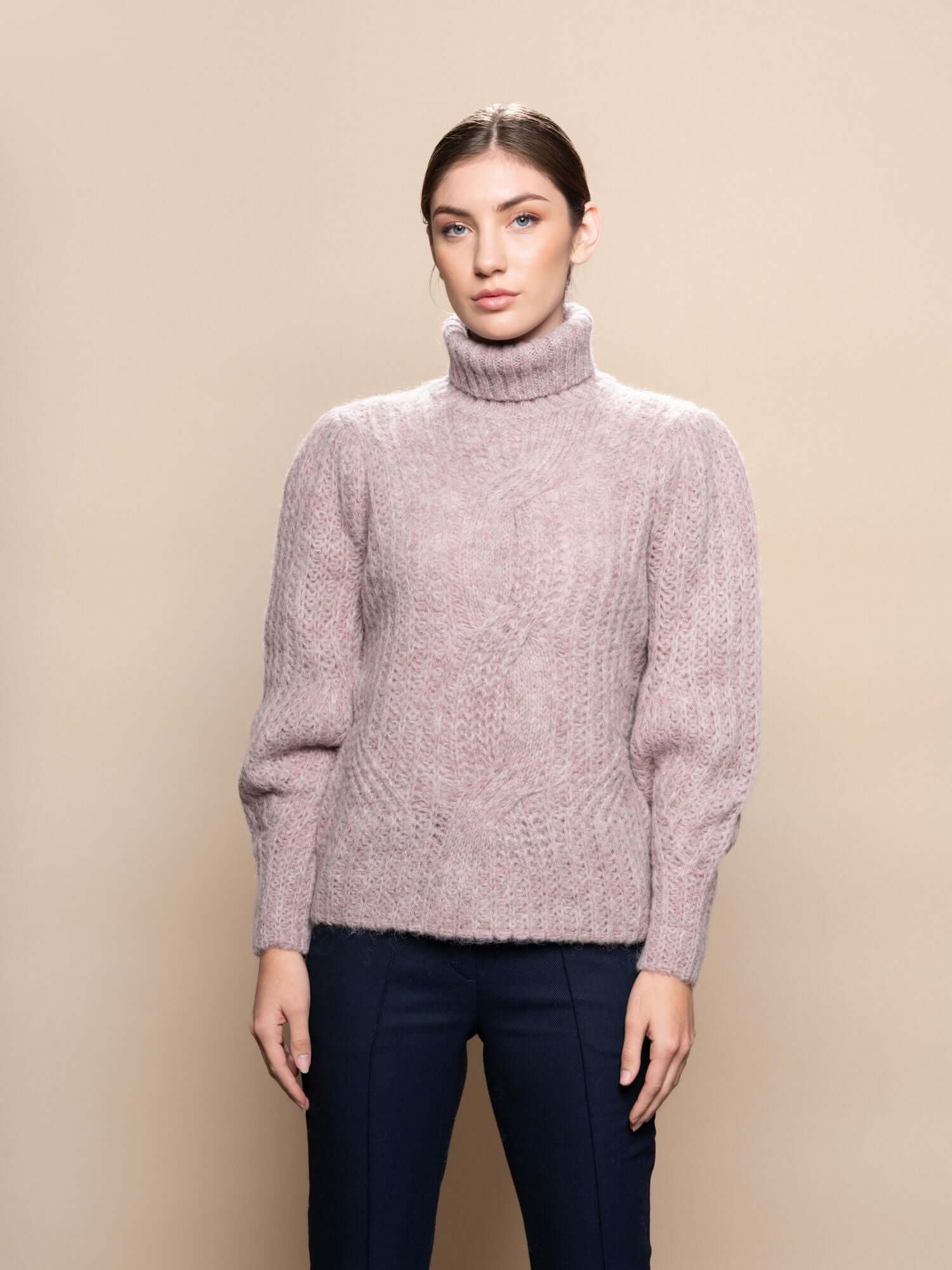 Pale pink baby alpaca jumper with turtleneck, soft and cosy knitwear for winter