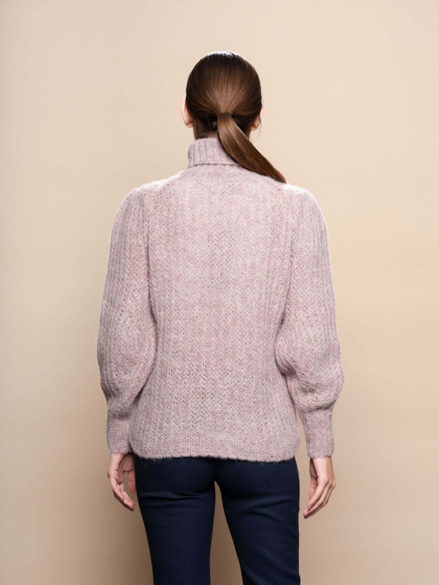 Back of pale pink alpaca jumper, lightweight wool knitwear with relaxed fit