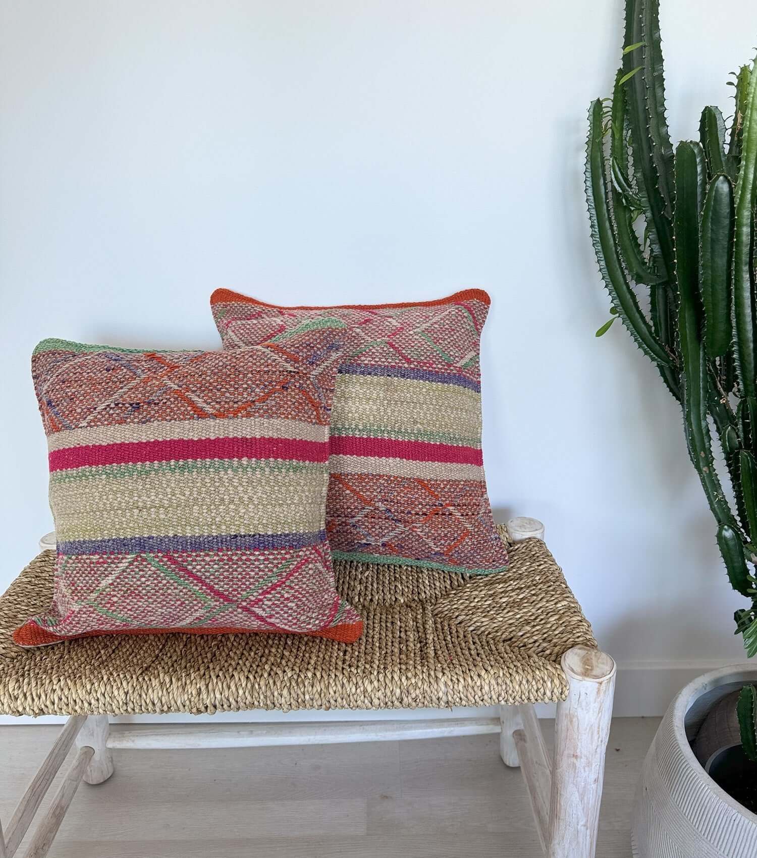 Boho throw pillow 50x30 No.14 styled on accent chair or sofa providing living room decor possibilities