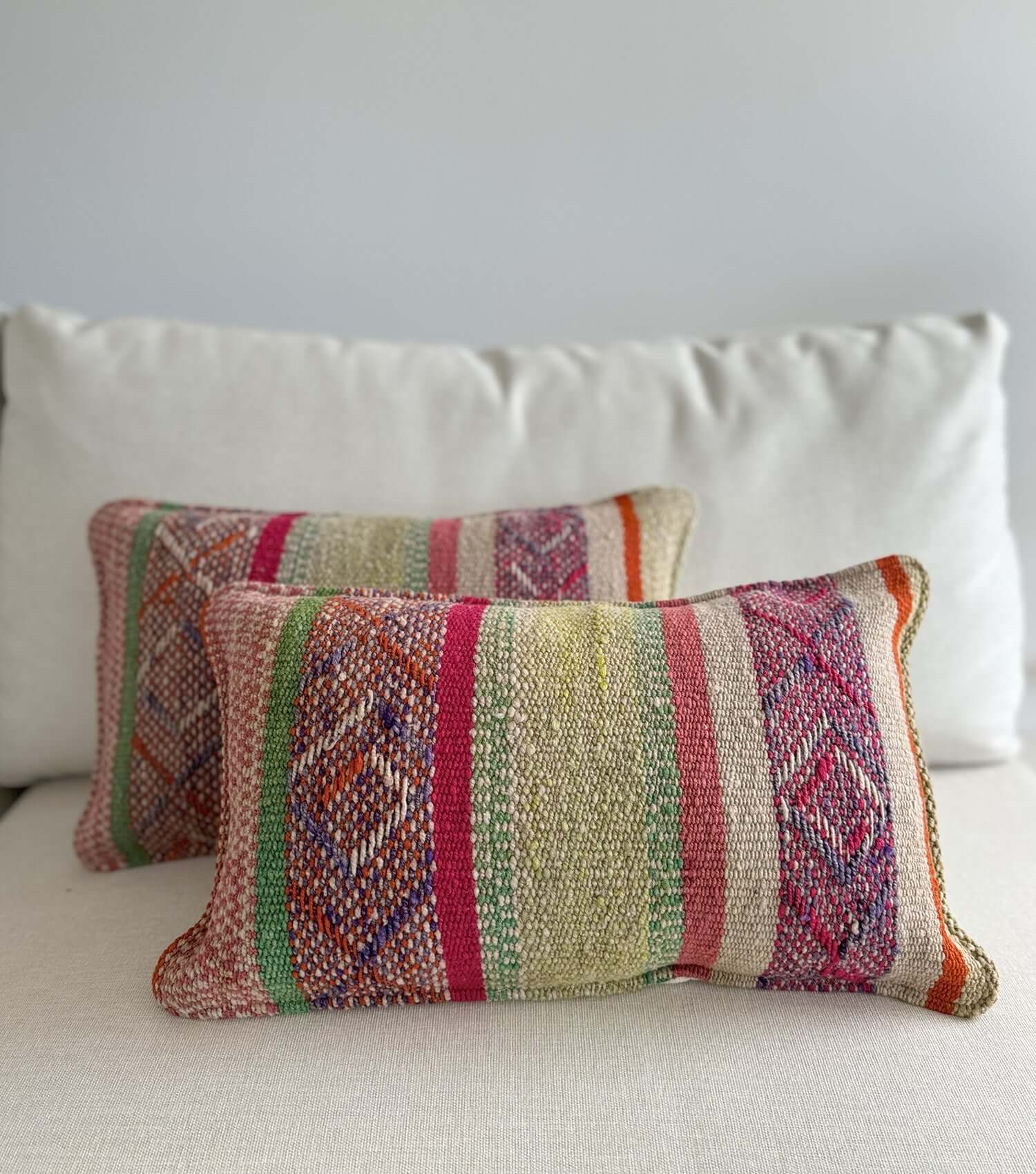 Handwoven rectangular throw pillow 50x30 No.14 with feather insert - bohemian wool cushion for couch or bed