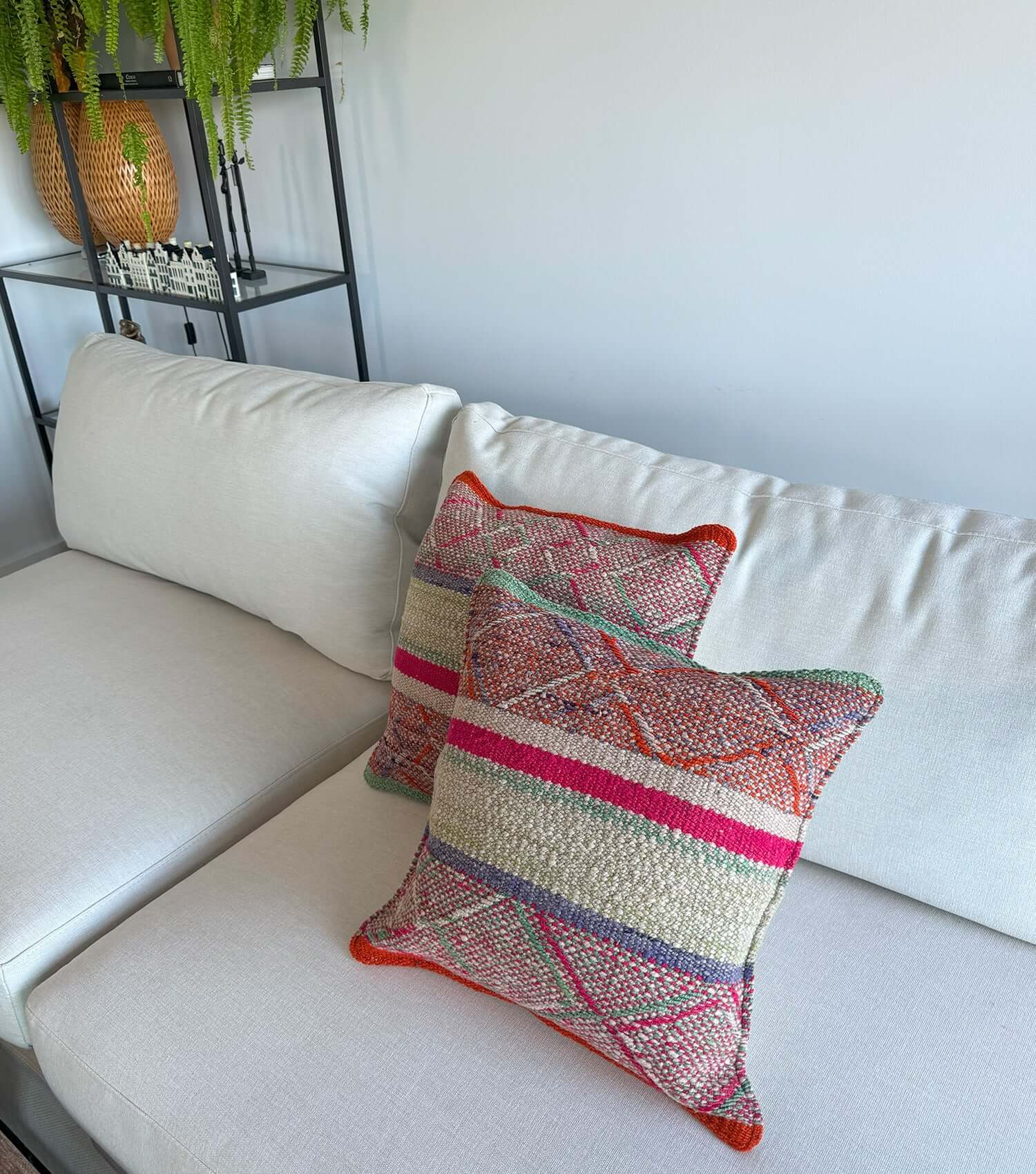 Decorative rectangular pillow 50x30 No.14 styled on sofa showing ethnic pattern and luxury wool texture