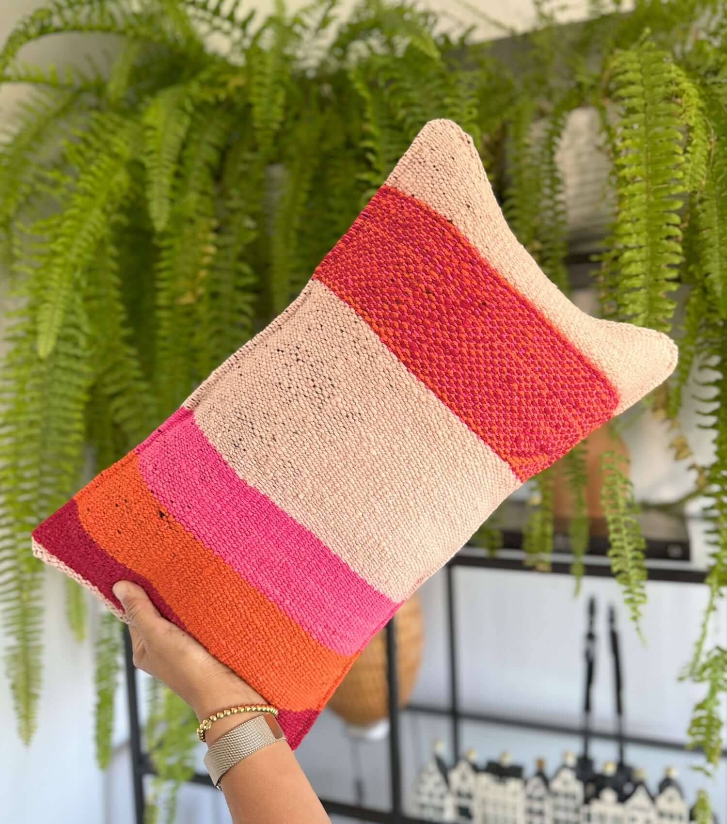 Handwoven rectangular throw pillow 50x30 No.18 with feather insert - bohemian wool cushion for couch or bed