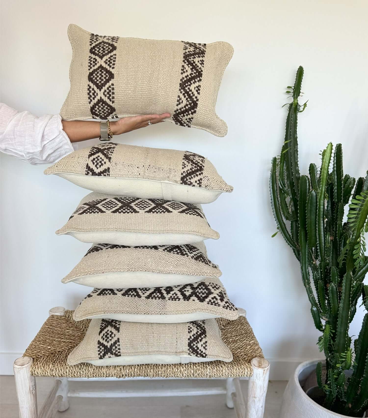 Handwoven rectangular throw pillow 50x30 No.19 with feather insert - bohemian wool cushion for couch or bed in earthy colours