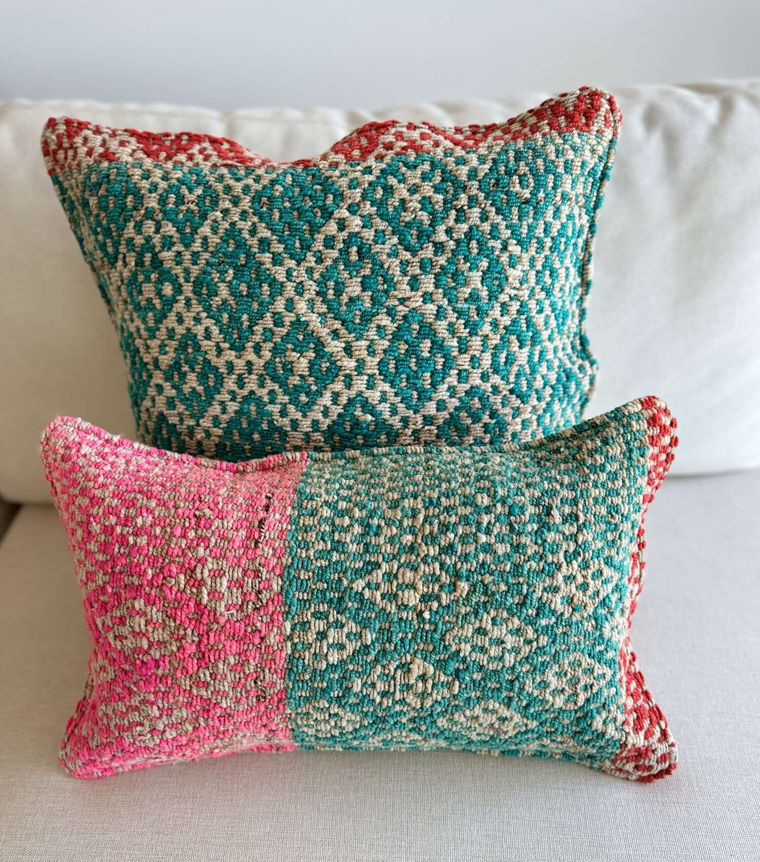 Decorative rectangular pillow 50x30 No.20 styled on sofa showing ethnic pattern and luxury wool texture