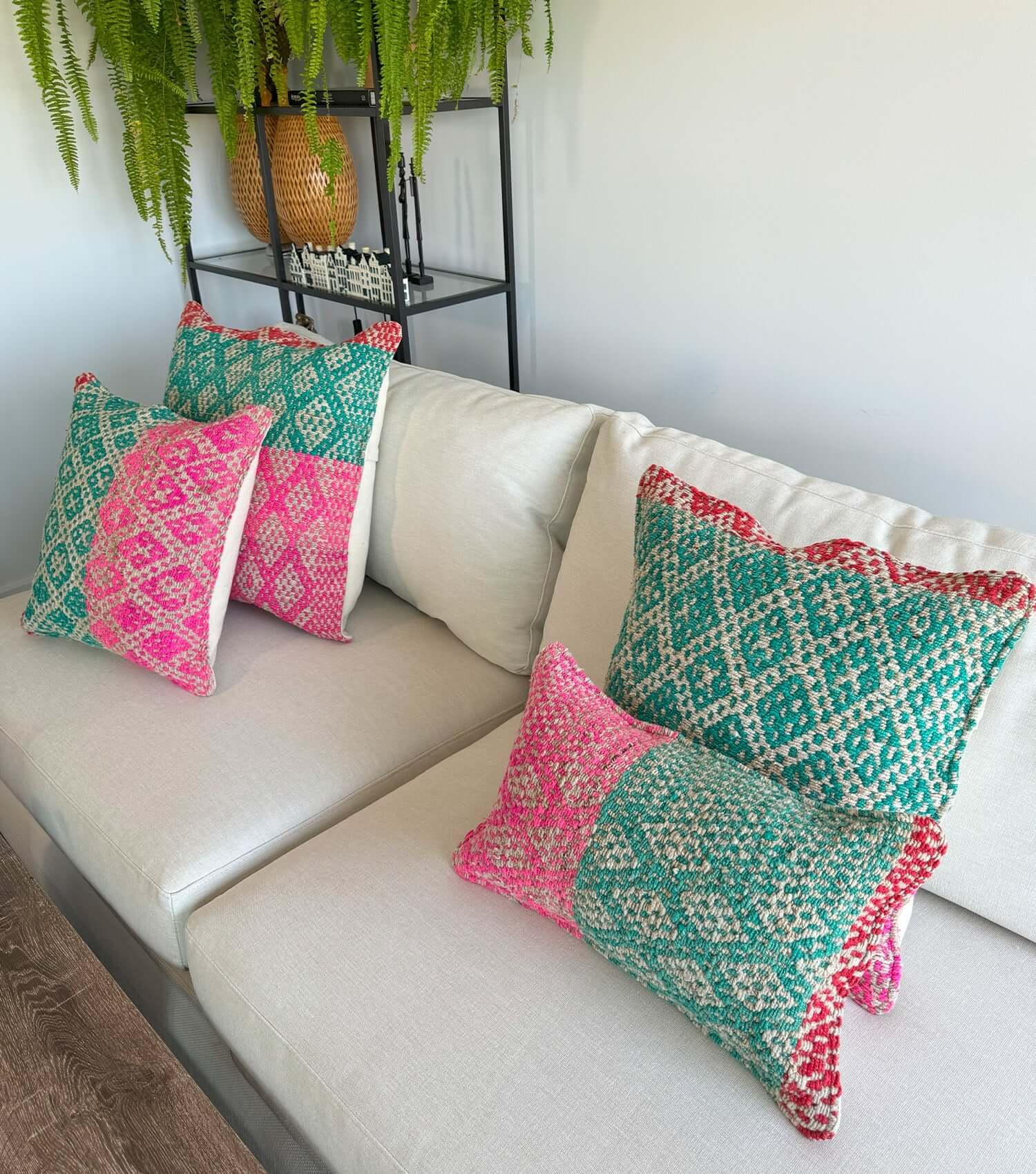 Handwoven rectangular throw pillow 50x30 No.20 with feather insert - bohemian wool cushion for couch or bed