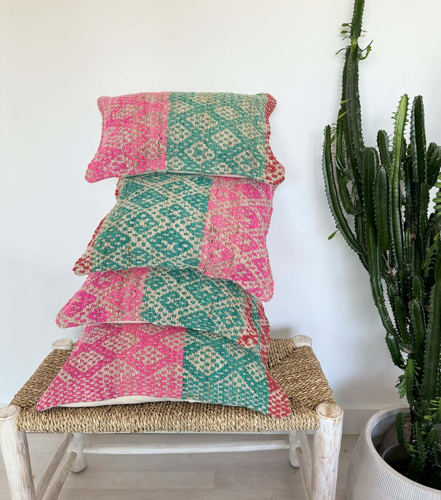 Boho throw pillow 50x30 No.20 styled on accent chair or sofa providing living room decor possibilities