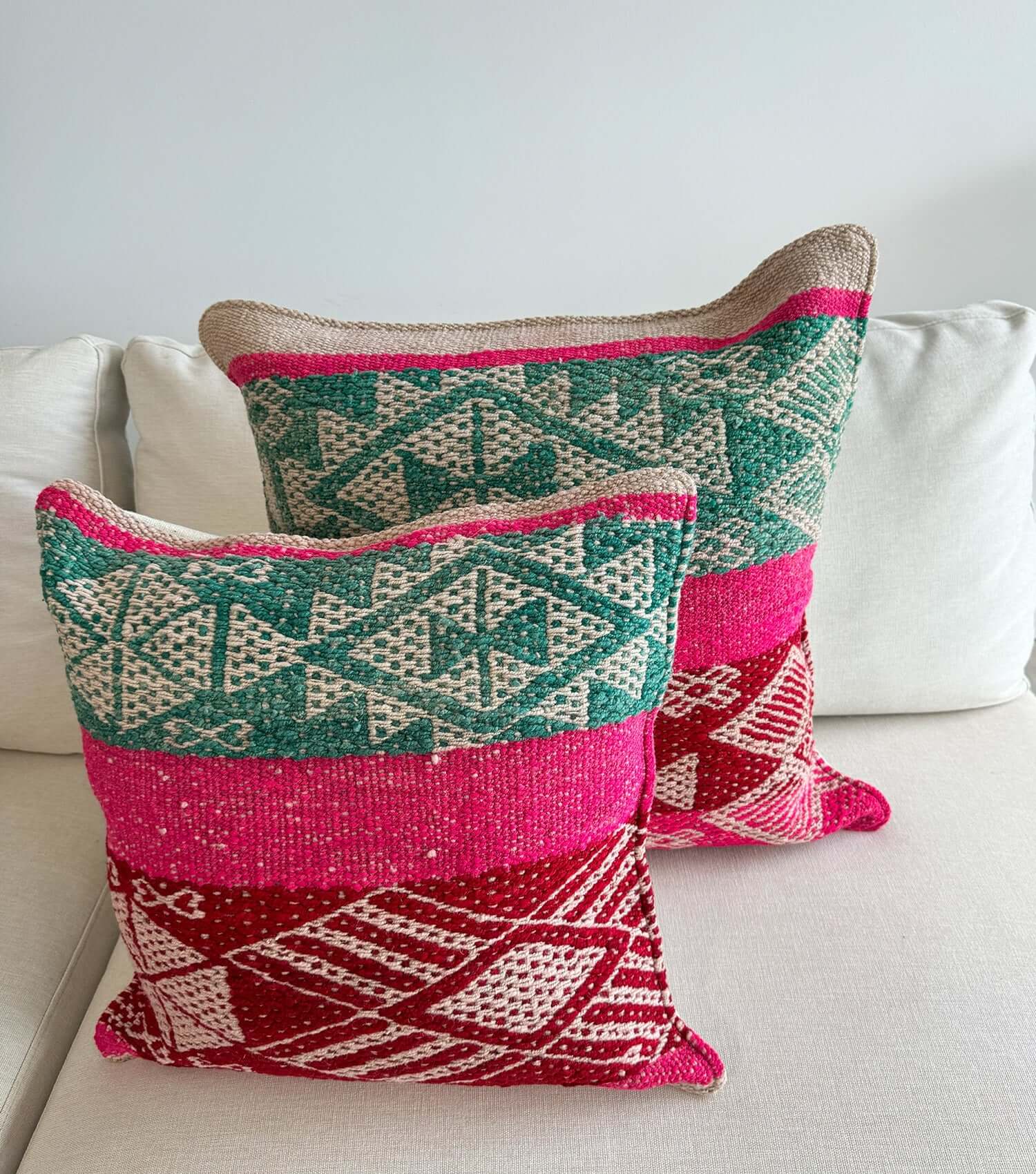 Decorative rectangular pillow 50x30 No.21 styled on sofa showing ethnic pattern and luxury wool texture