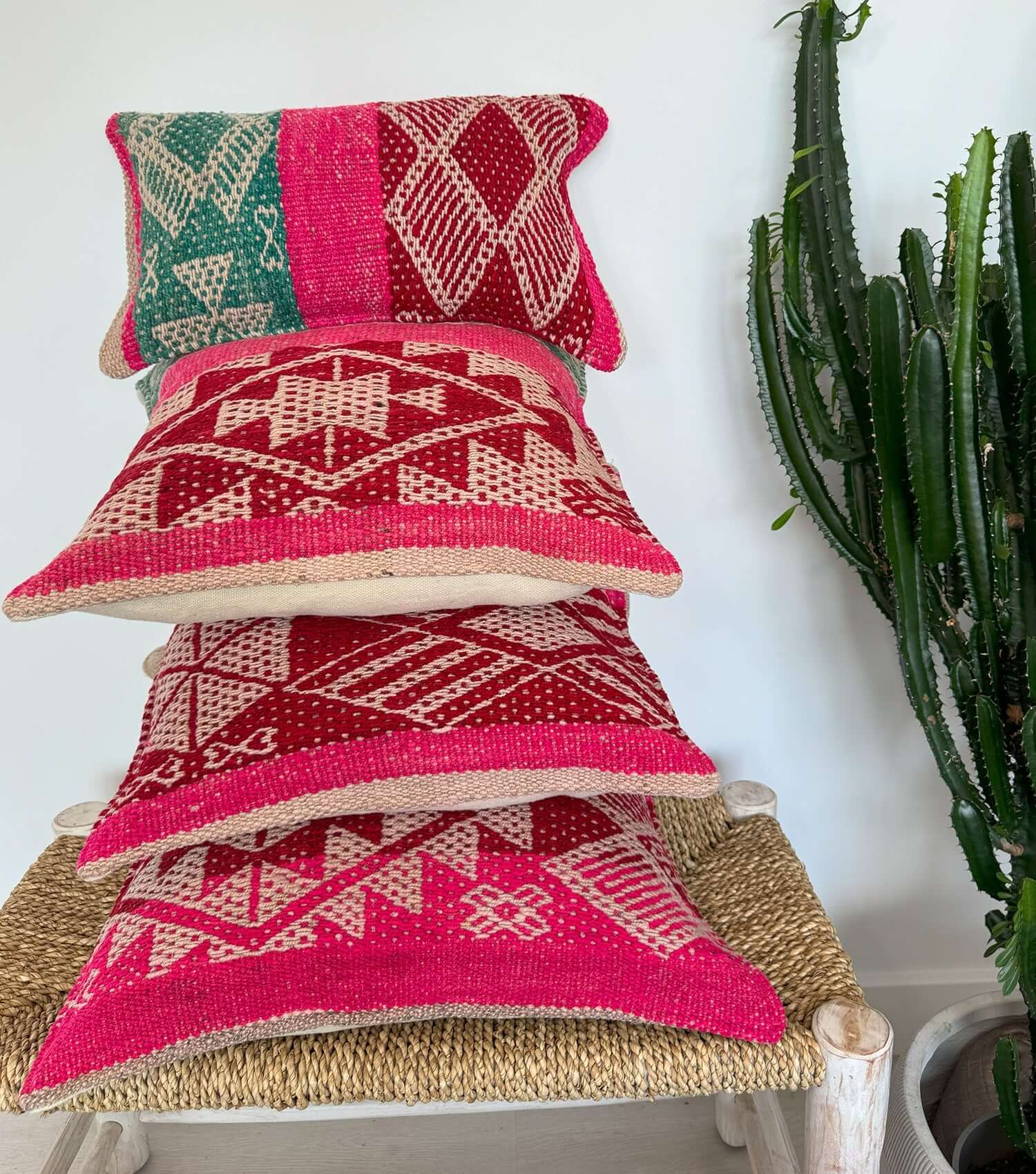 Boho throw pillow 50x30 No.21 styled on accent chair or sofa providing living room decor possibilities